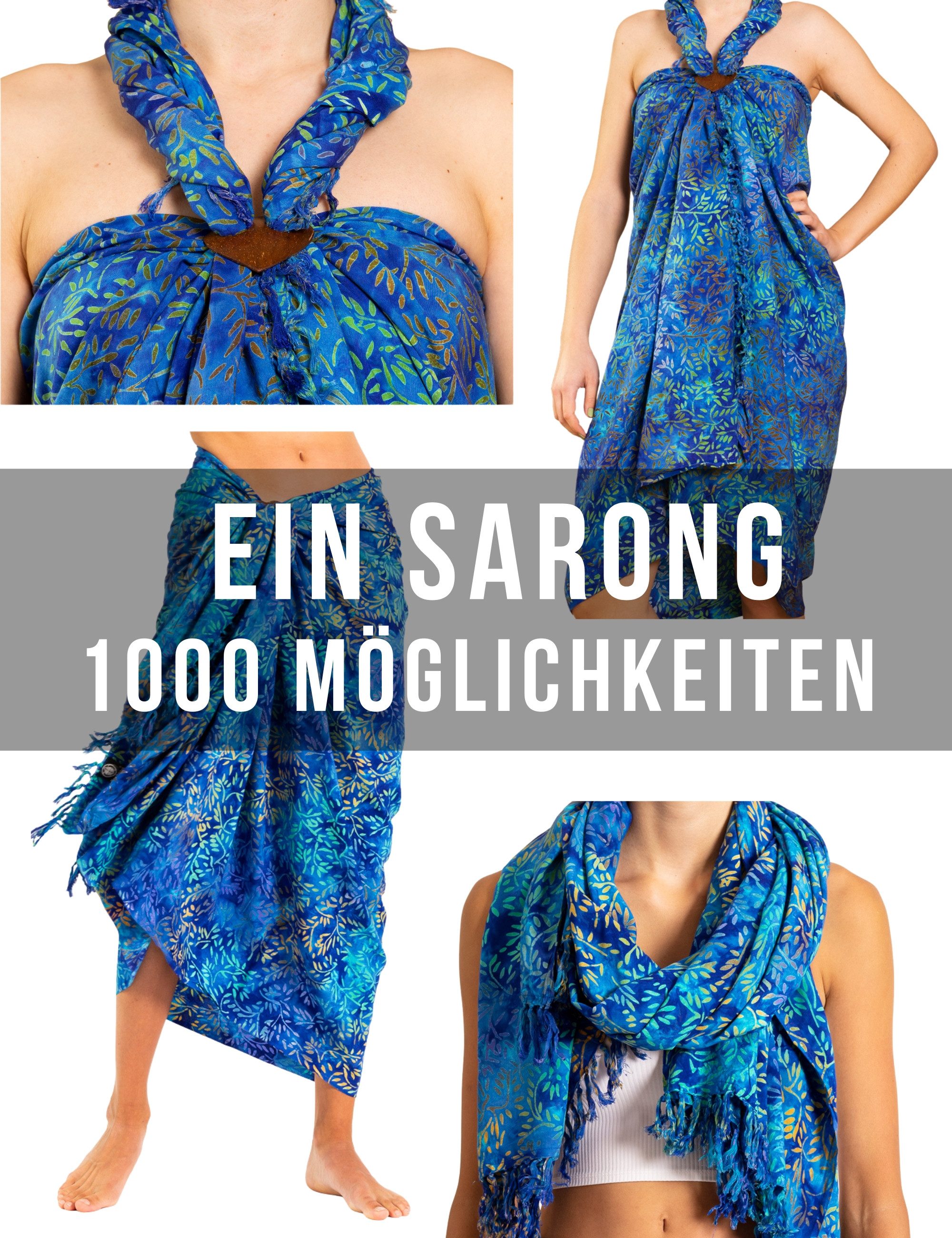 PANASIAM Sarong Pareo Tuch blickdicht Blautöne aus Viskose - Strandtuch & Wickelkleid, Viskose, Wickelrock - Bikini Cover-up - großes Schultertuch für Damen & Herren