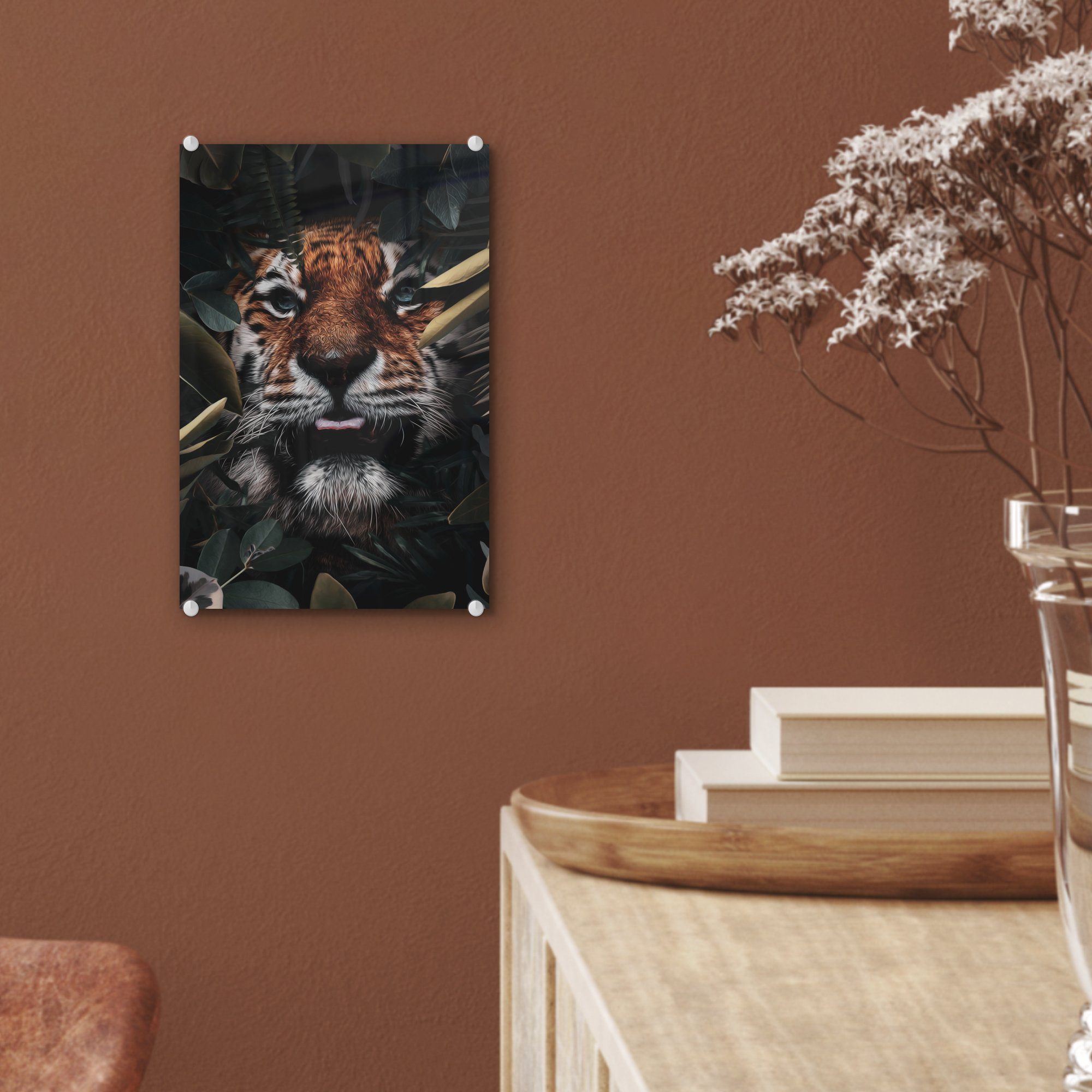 MuchoWow Acrylglasbild Tiger - Nahaufnahme Bilder Glas Pflanzen, - - auf Wanddekoration bunt auf - Glasbilder Foto Glas (1 Wandbild - St)