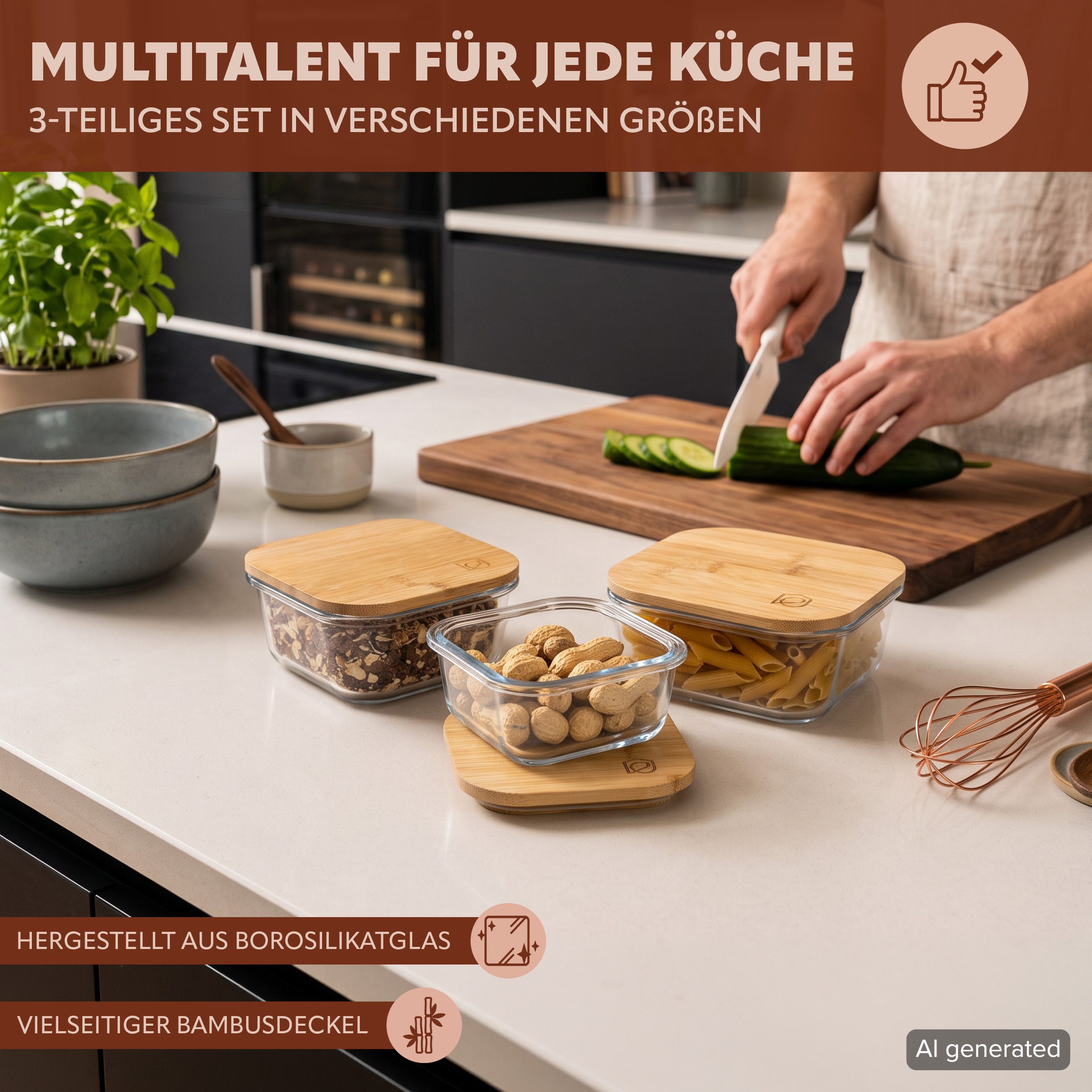 eluno Frischhaltedose Glas-Aufbewahrungsdosen inkl. Bambusdeckel, quadratisch, Glas, Bambus, (3-tlg) – Bild 2 von 5