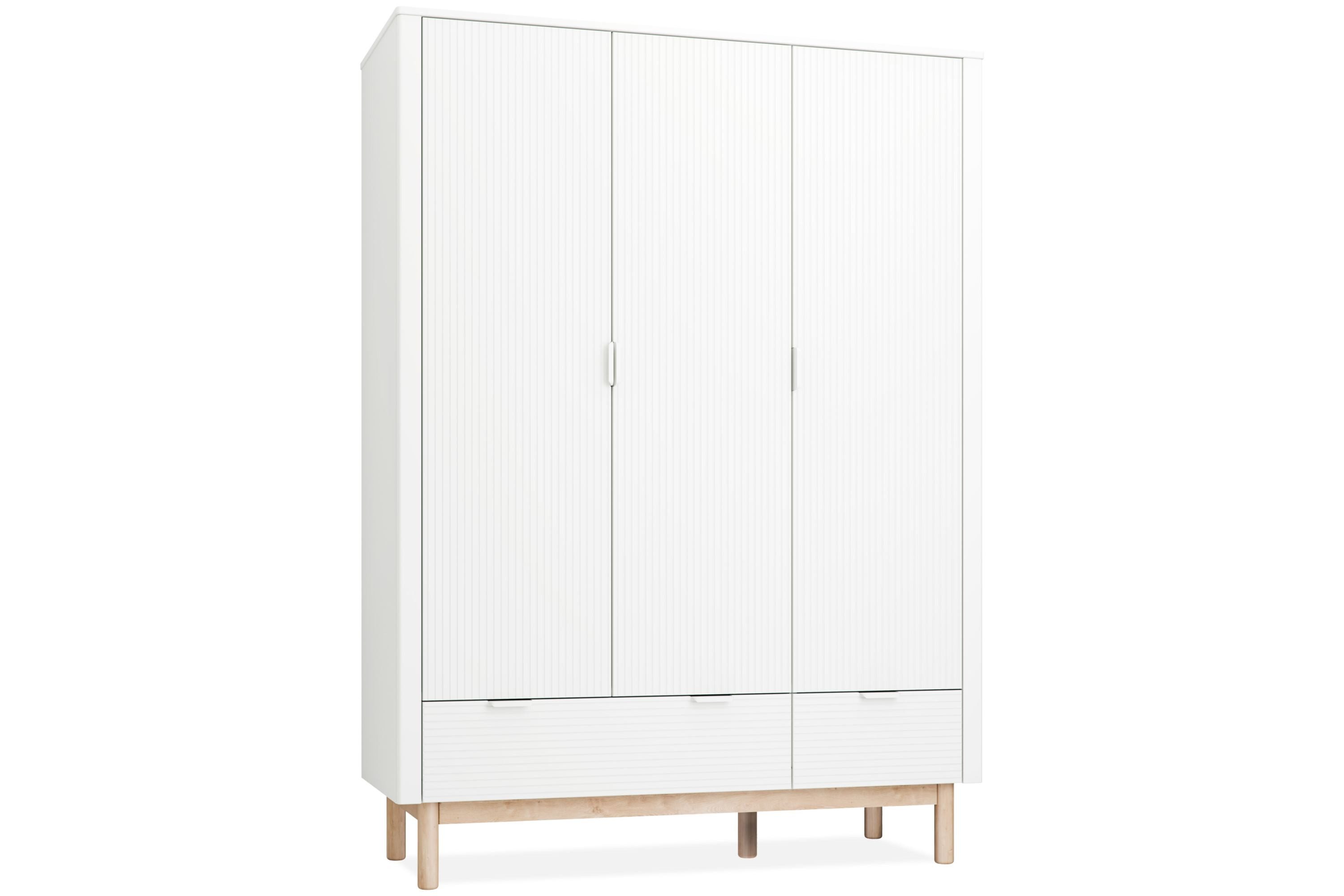 KONSIMO® Kinderkleiderschrank LOTTI Drehtürenschrank, hergestellt in der EU, mit Stange, mit 6 Einlegeböden, 3-türig, geriffelte Möbelfront
