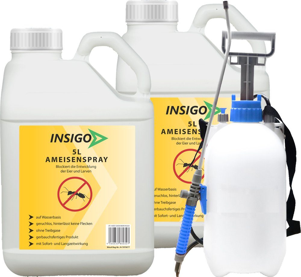 INSIGO Ameisengift Anti Ameisen-Spray Ameisen-Mittel Ungeziefer-Spray, 10 l, auf Wasserbasis, geruchsarm, brennt / ätzt nicht, mit Langzeitwirkung