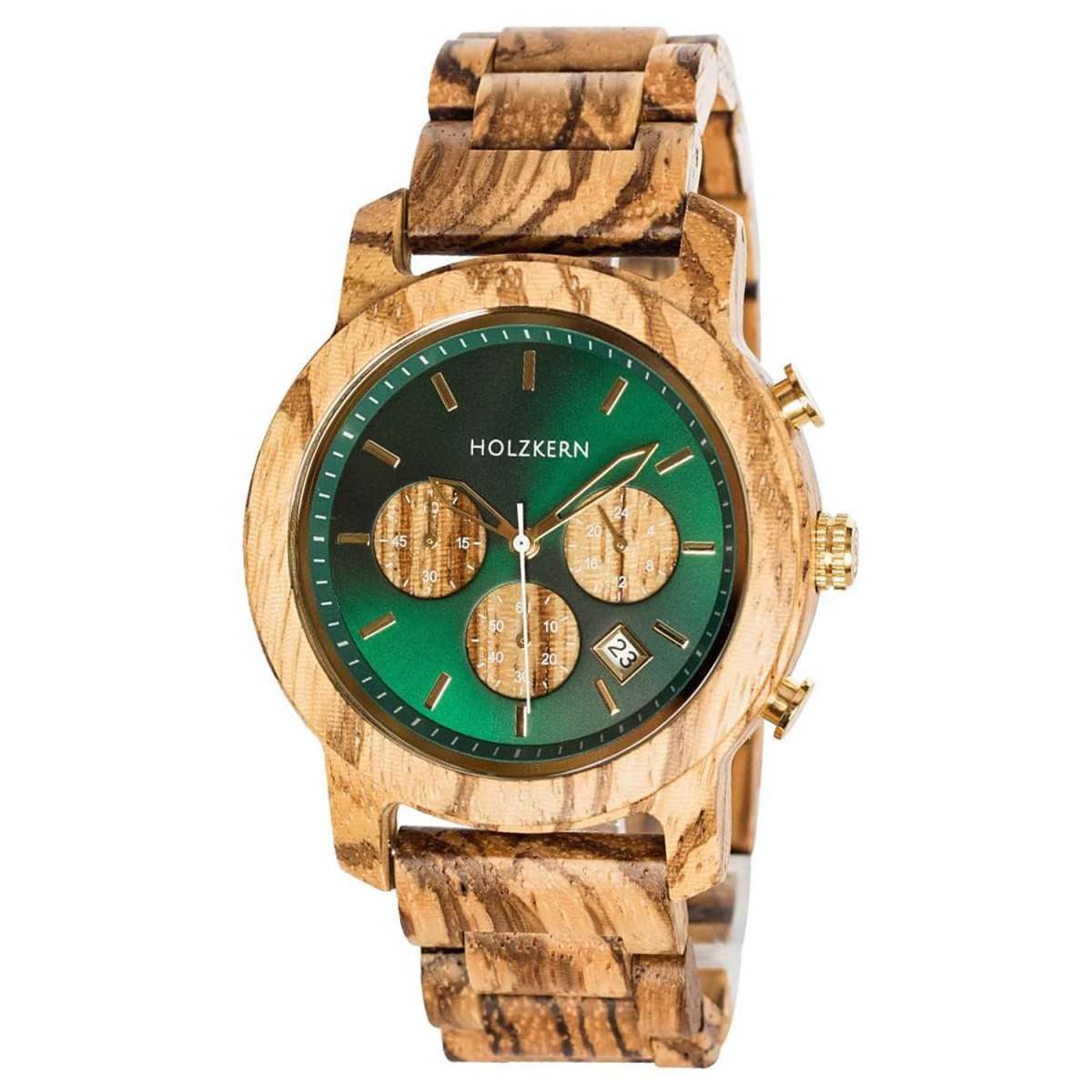 Holzkern Quarzuhr 9010631016371, Herrenuhr Chronograph Blätterdach Zebrano/Marmor