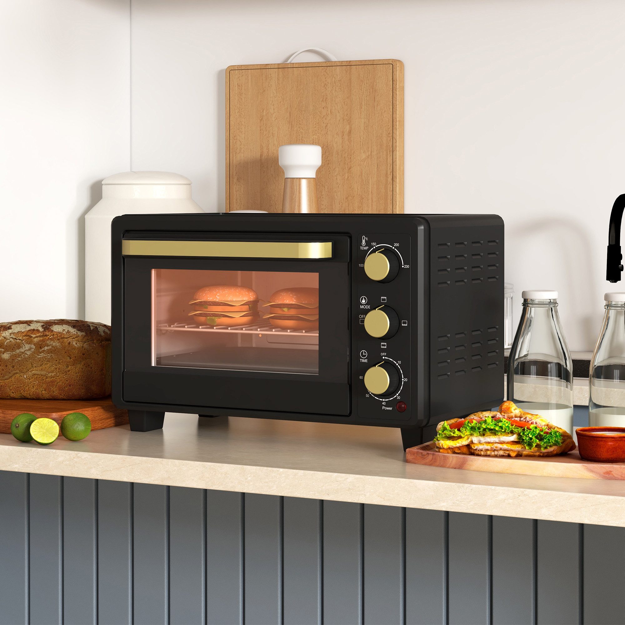 HOMCOM Minibackofen Mini Backofen 16 L 1400W 100-230℃ 60 Min. Timer inkl. Krümelblech, mit Grillrost, Backblech, Schwarz