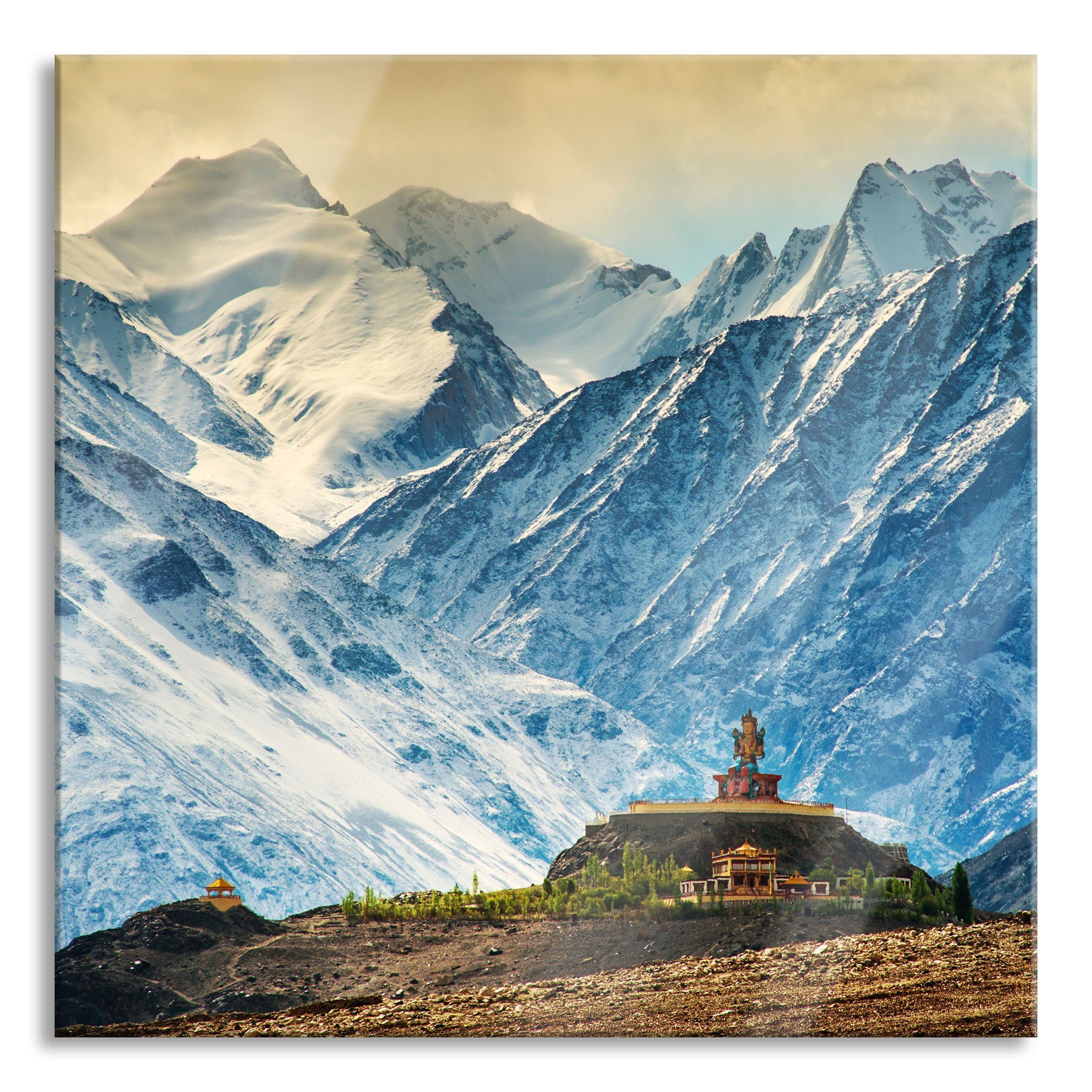 St), an Tibet, aus Bergen Bergen in Glasbild und inkl. in an Echtglas, (1 Tempel Glasbild Abstandshalter Tibet Aufhängungen Pixxprint Tempel