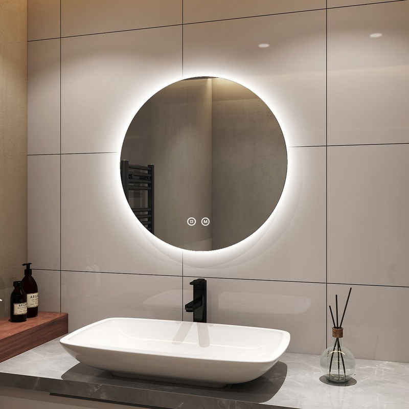 S'AFIELINA Badspiegel Runder Wandspiegel mit 3 Lichtfarbe+ Einstellbare Helligkeit, 60 cm,Touch-Schalter,3000/4000/6500K Lichtfarbe Dimmbar,Energiesparend