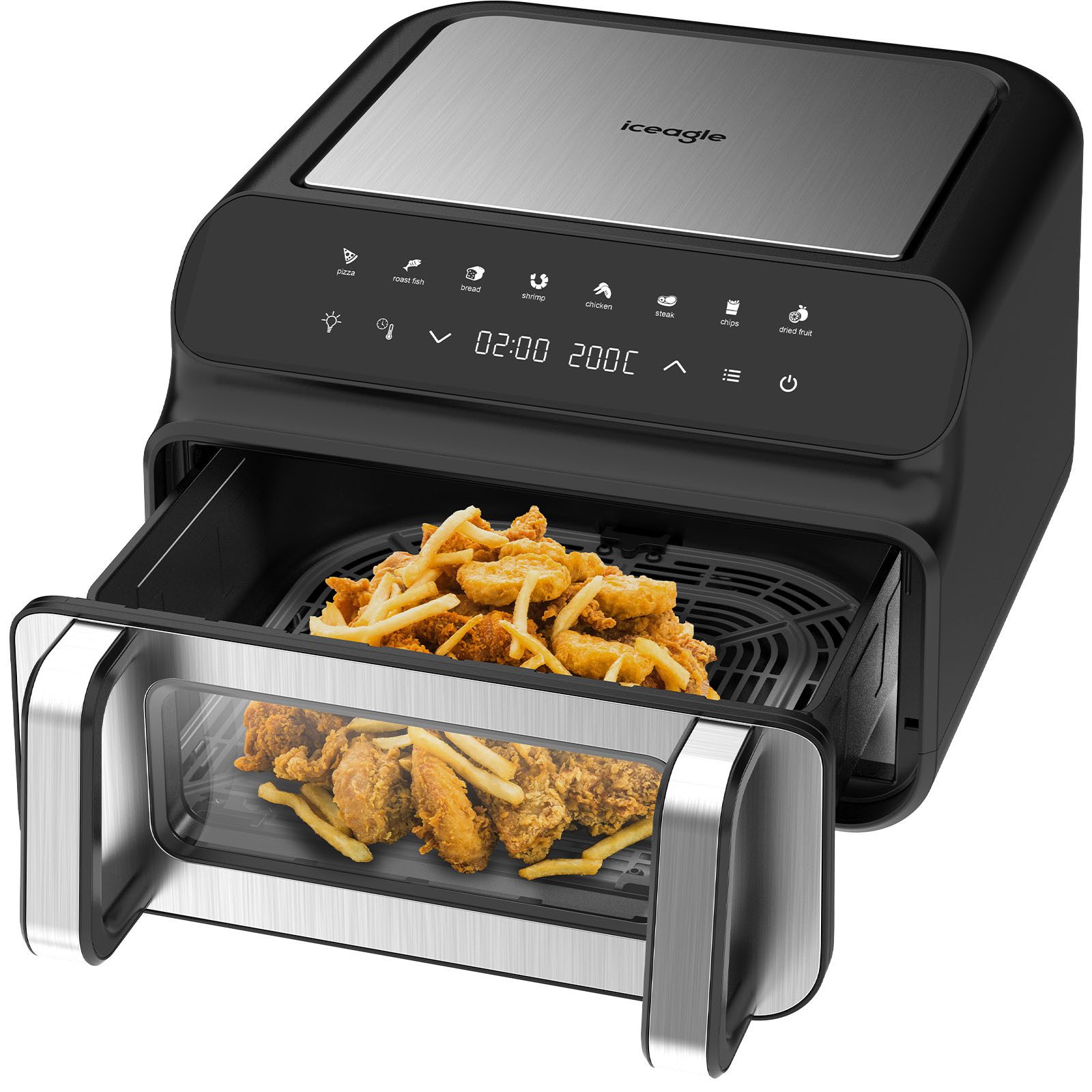 iceagle Heißluftfritteuse 10001A Grill & Heißluftfritteuse Airfryer XXL, Doppelte Heizung, 2000,00 W, Digitales Display, 10L, 8 Kochprogramme, 50℃-230℃, Schwarz