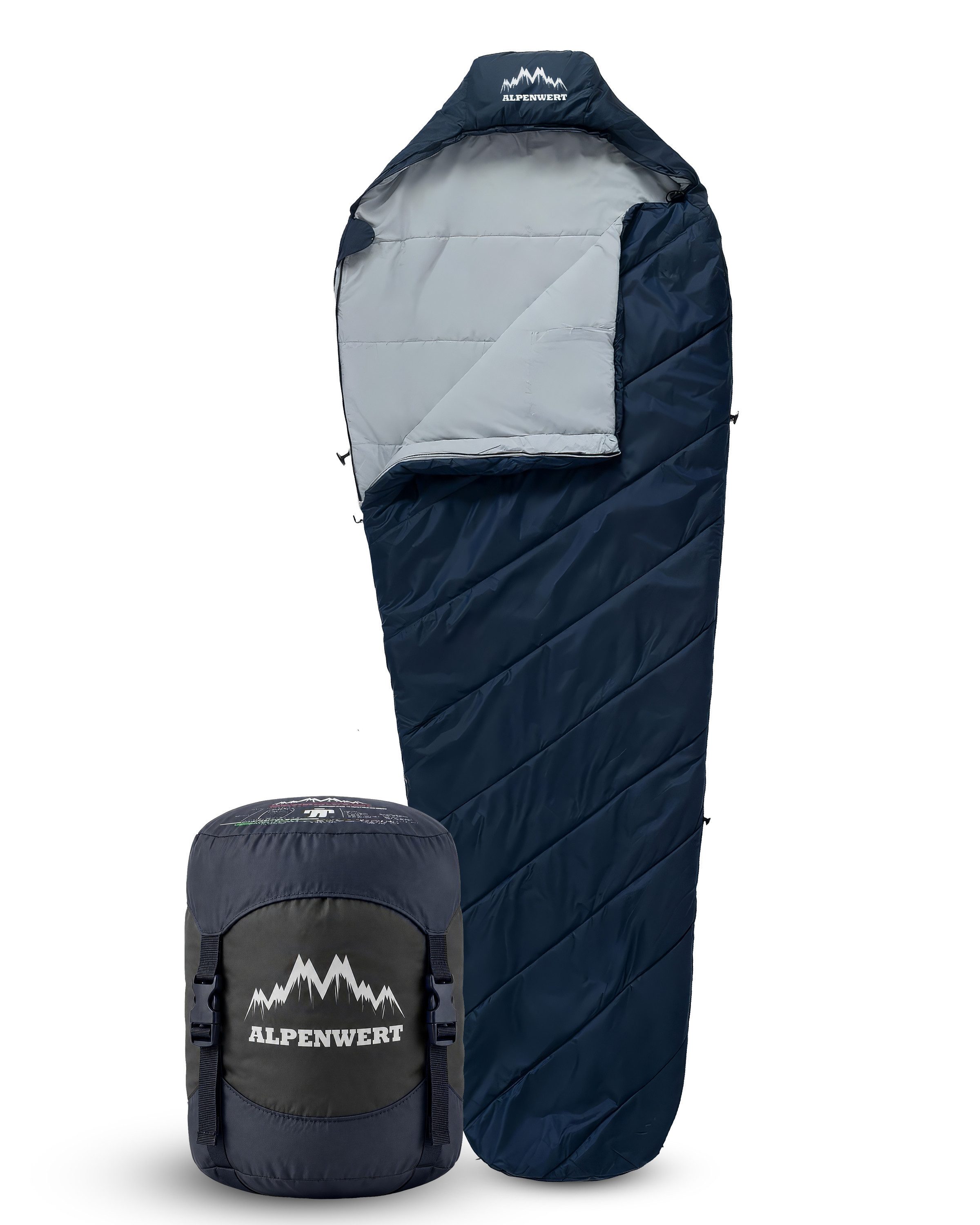 Alpenwert Mumienschlafsack Ultraleicht & kompakt, wasserabweisend, atmungsaktiv Camping & Outdoor, Sommerschlafsack, 2 Wege Reißverschluss, wattiert