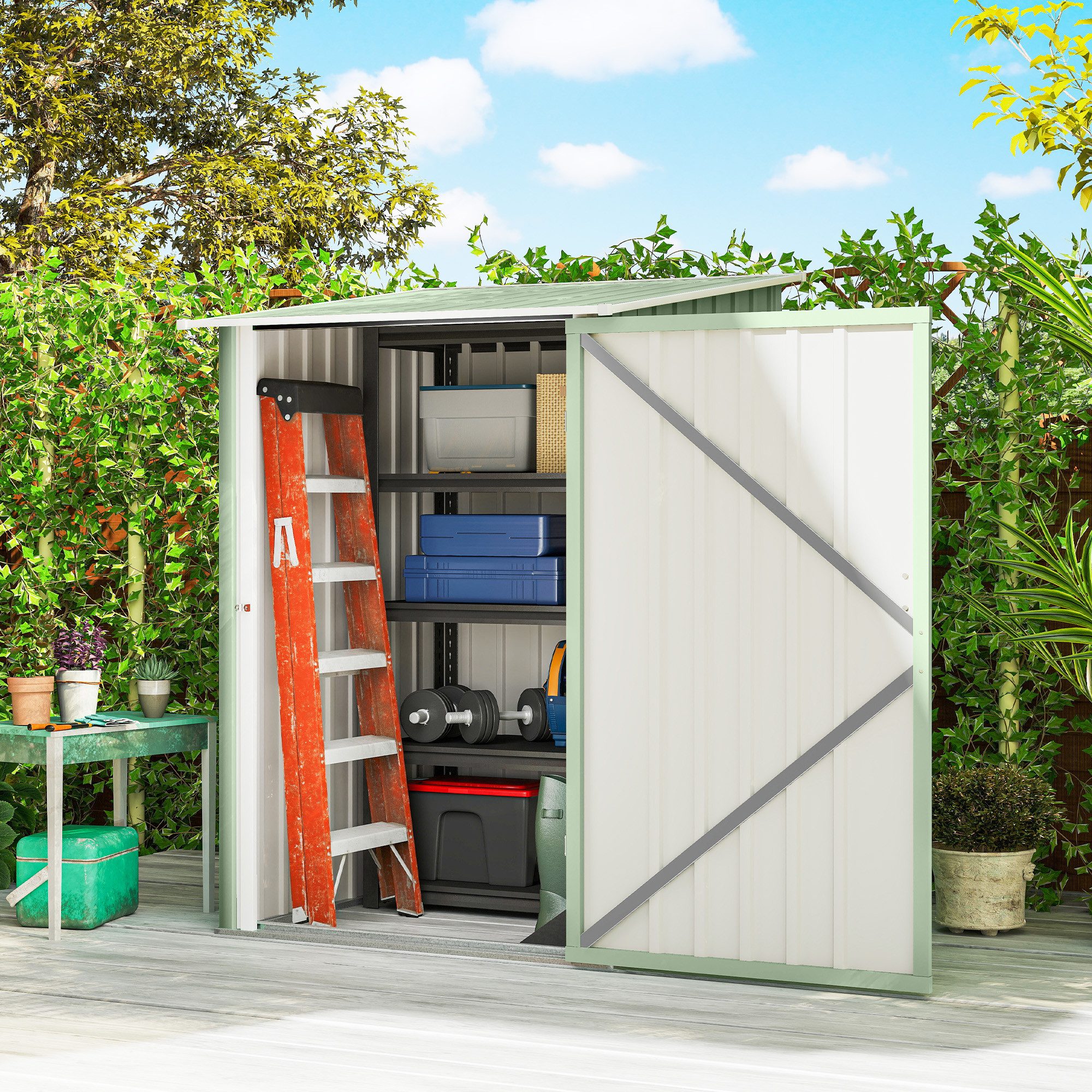 Outsunny Gerätehaus Metall 0,92 m² Geräteschuppen mit Pultdach Abschließbarer Tür, BxT: 100x103 cm, (Gartenschrank, 1 St., Geräteschrank), für Garten, Hellgrün
