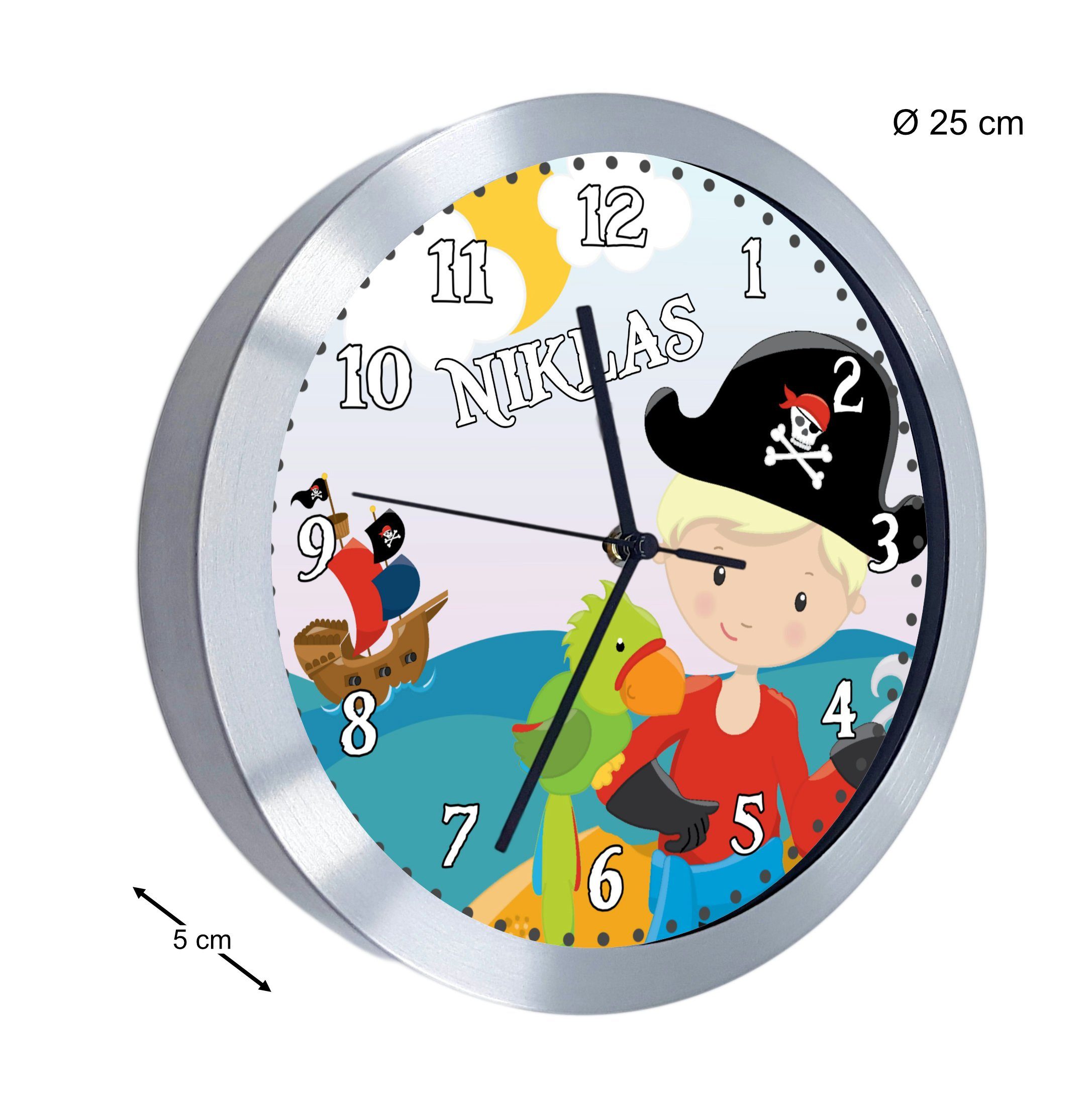 CreaDesign Kinder nah Kinderzimmer Wanduhr personalisiert Pirat Funkwanduhr