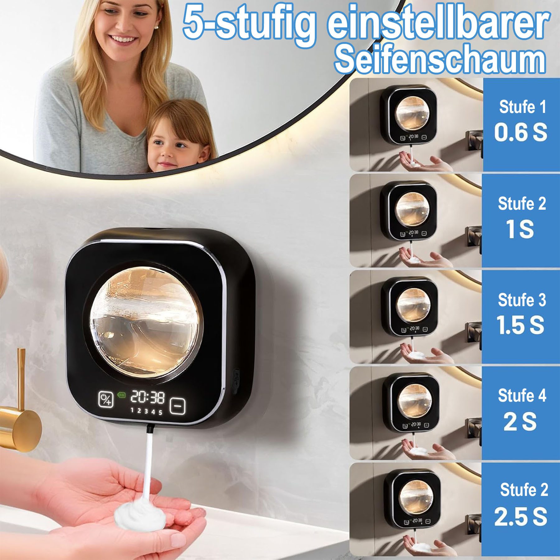 Senmudi Seifenspender Automatischer Seifenspender, 320 ml, 5-stufige Schaumregulierung, (USB-wiederaufladbar, mit Ambientelicht und bis zu 80 Tagen Laufzeit, IPX5 Wasserdicht, Geeignet für Küche, Bad, Büro, Schule, Hotel usw), Es ist das perfekte Geschenk für Familie, Freunde oder den Partner