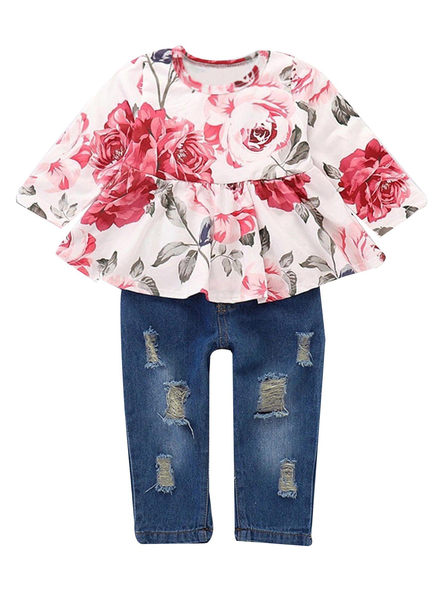 Kinder Mädchen (Gr. 50 - 92) LAPA Shirt & Hose Langärmliges Oberteil mit Blumenmuster und zerrissenen Jeans