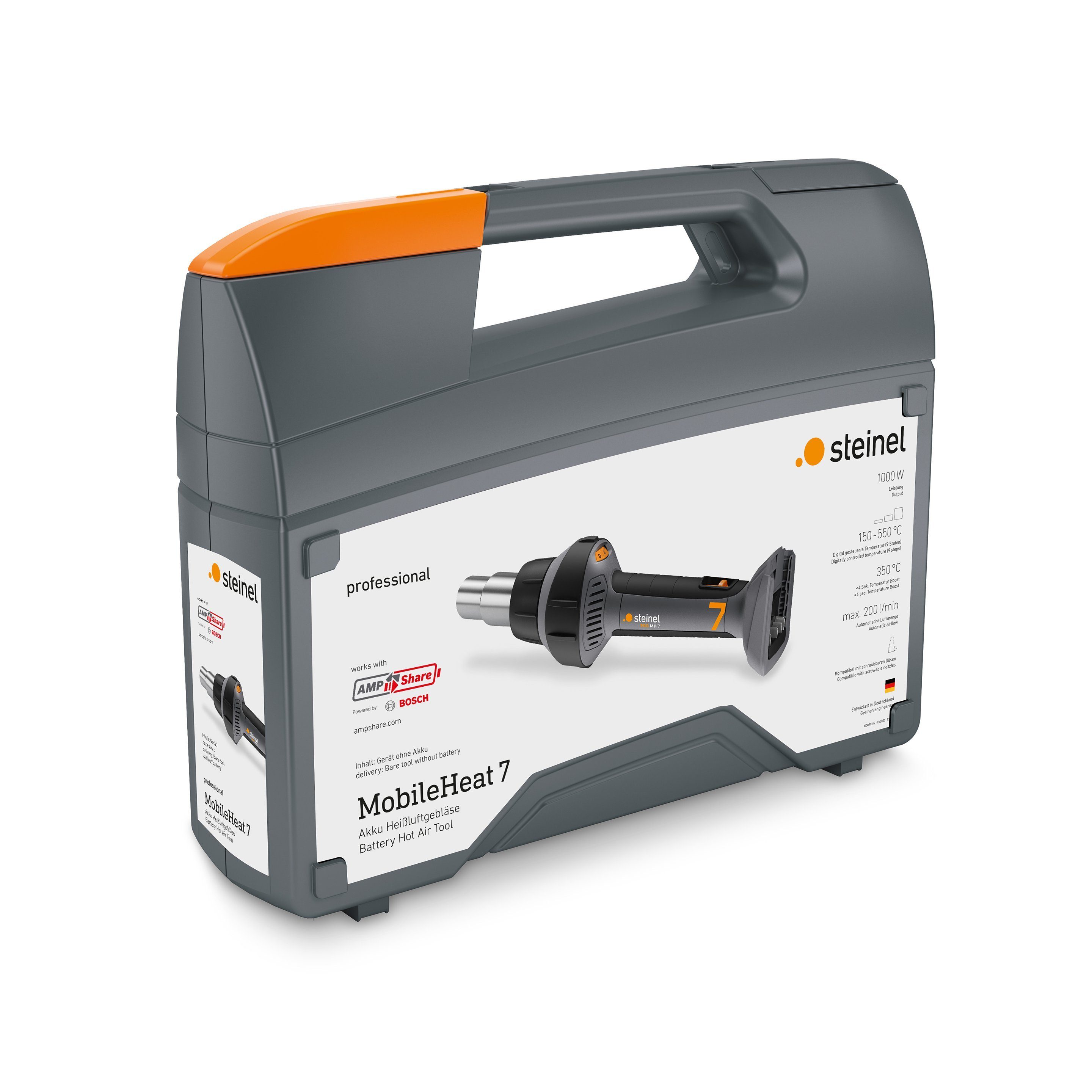 steinel Akku-Heißluftgebläse MobileHeat 7 ohne Akku und Ladegerät, 1000.0 in W, bis max. 550.0 °C, Grau, Keramikheizung, 1000W