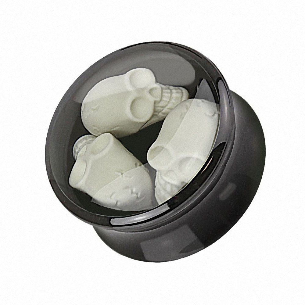 Taffstyle Plug Piercing Double Flared mit 3D Totenschädel Inlay, Plug Flesh Tunnel Ohrpiercing Kunststoff Totenschädel Schwarz Weiß
