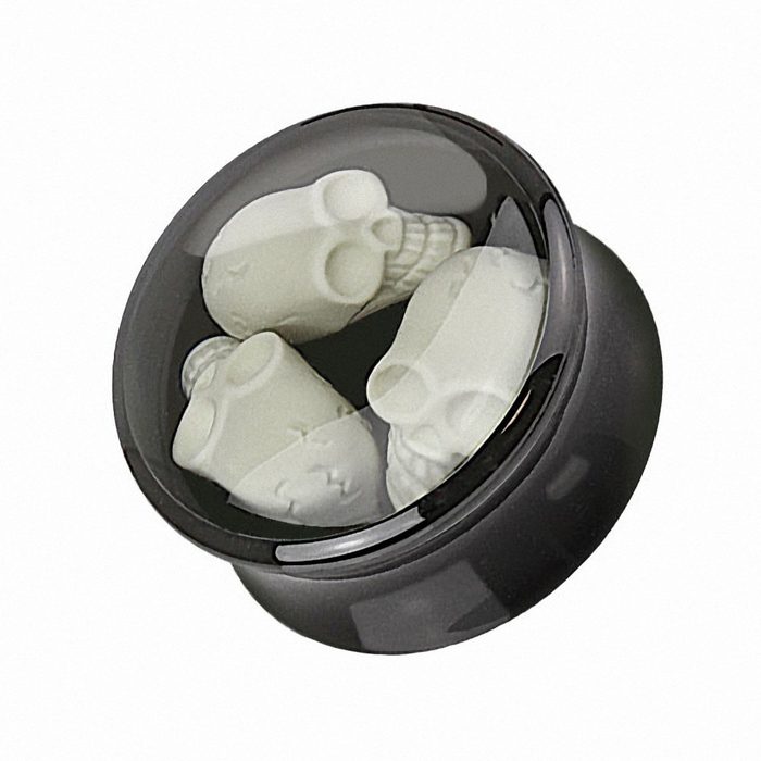 Taffstyle Plug Piercing Double Flared mit 3D Totenschädel Inlay Plug Flesh Tunnel Ohrpiercing Kunststoff Totenschädel Schwarz Weiß