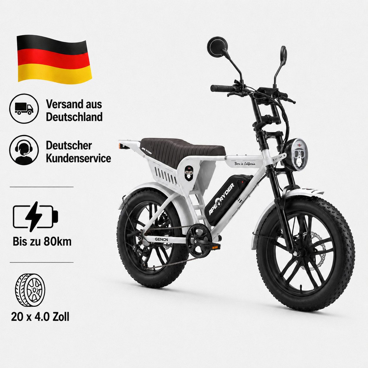 APE RYDER E-Bike Trekkingrad 20*4 Zoll Fatbike, 48V 15Ah Akku, bis 80 km, Shimano 7-Gang, 7 Gang, Heckmotor, 720 Wh, Fahrradbeleuchtung, Ständer, Klingel, Hochleistungsakku