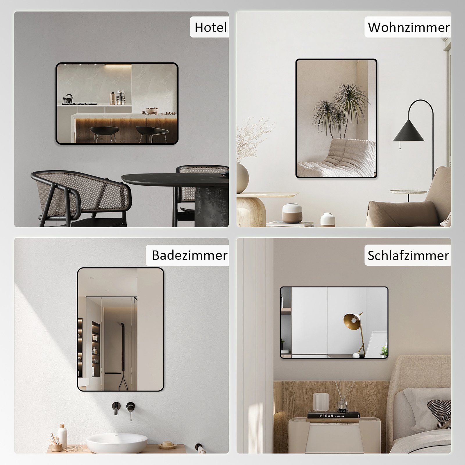 abgerundet Schwarz Boromal Rahmen für eckig Rechteckig Spiegel / Wand Flur, Badzimmer/Ankleidezimmer/Wohnzimmer,unbrechbarer Wandspiegel Spiegel mit