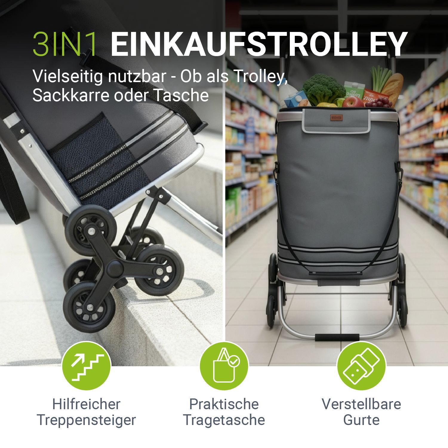Juskys Einkaufstrolley 3in1, 56 l, mit Treppensteiger (6 Rollen), klappbar und modern, mit Kühlfach