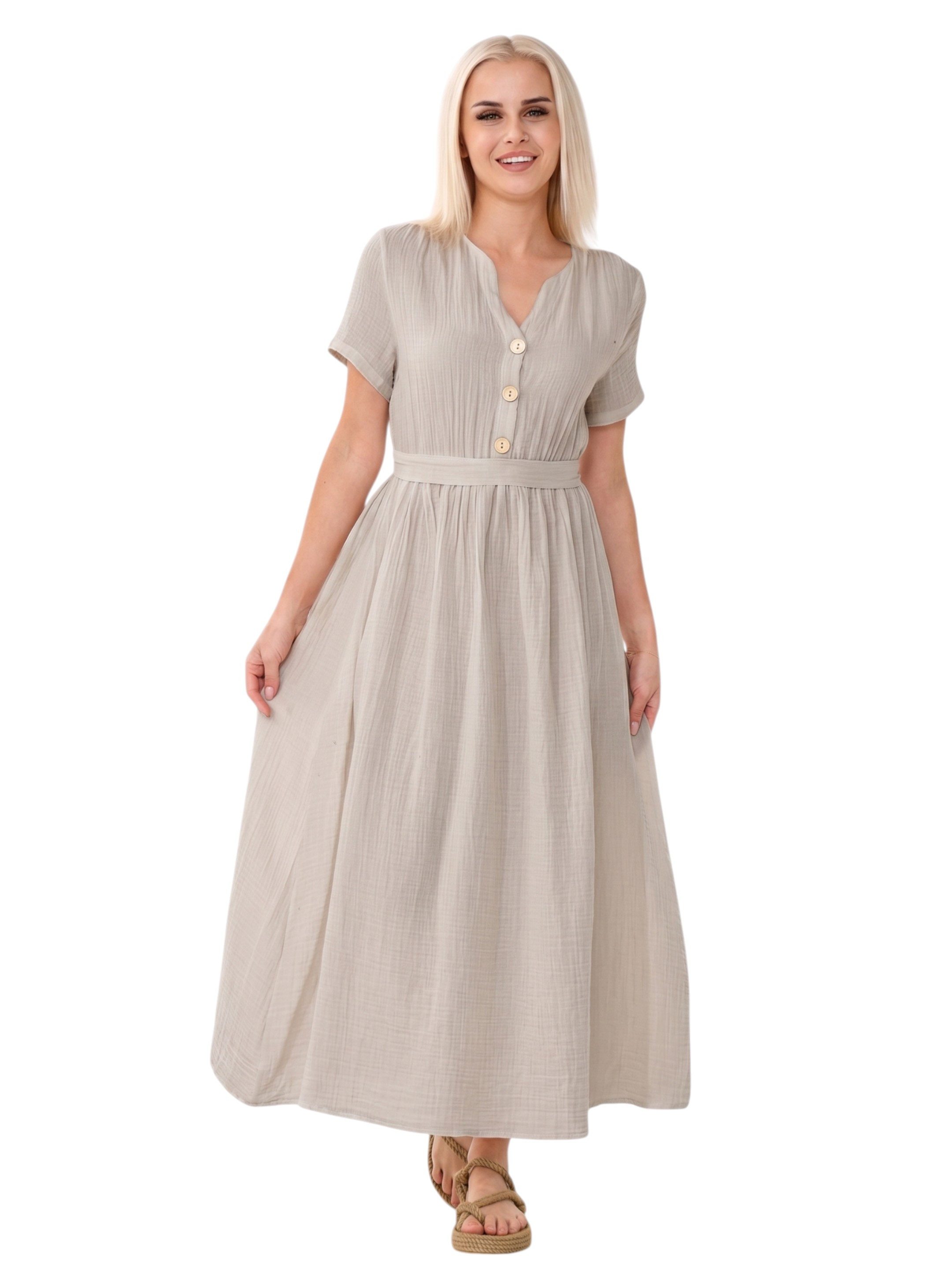 WENOR Sommerkleid Musselin Boho Kleid mit Knopfleiste & Taillenband, Freizeitkleid (1-tlg) Vorn mit Holzknöpfen, Bindegürtel an der Taille