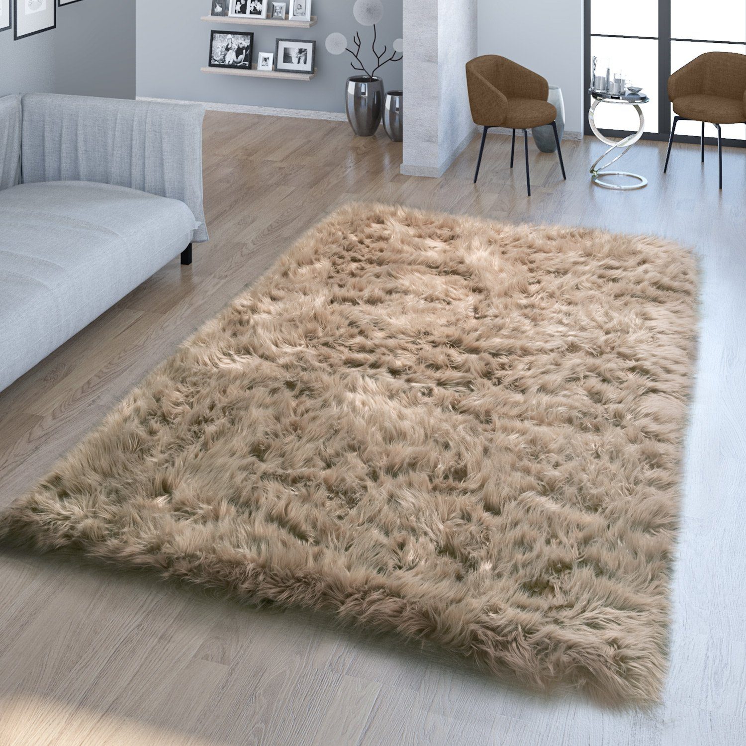 Fellteppich Wohnzimmer Hochflor Teppich Kunst-Fell Design, TT Home, rund, Höhe: 64 mm