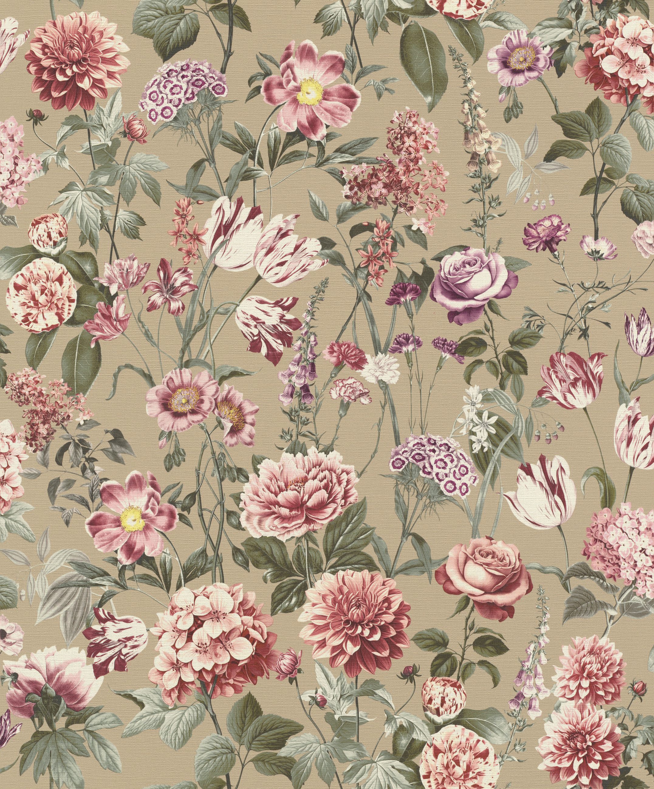 Rasch Vliestapete Blumen - Vinyltapete Weiß Braun Grün Rot Rosa Gelb Lila, floral, matt, (1 Rolle, 1 St., 10,05 m x 0,53 m), Lichtbeständige Farben - Feucht abwischbar - Restlost abziehbar