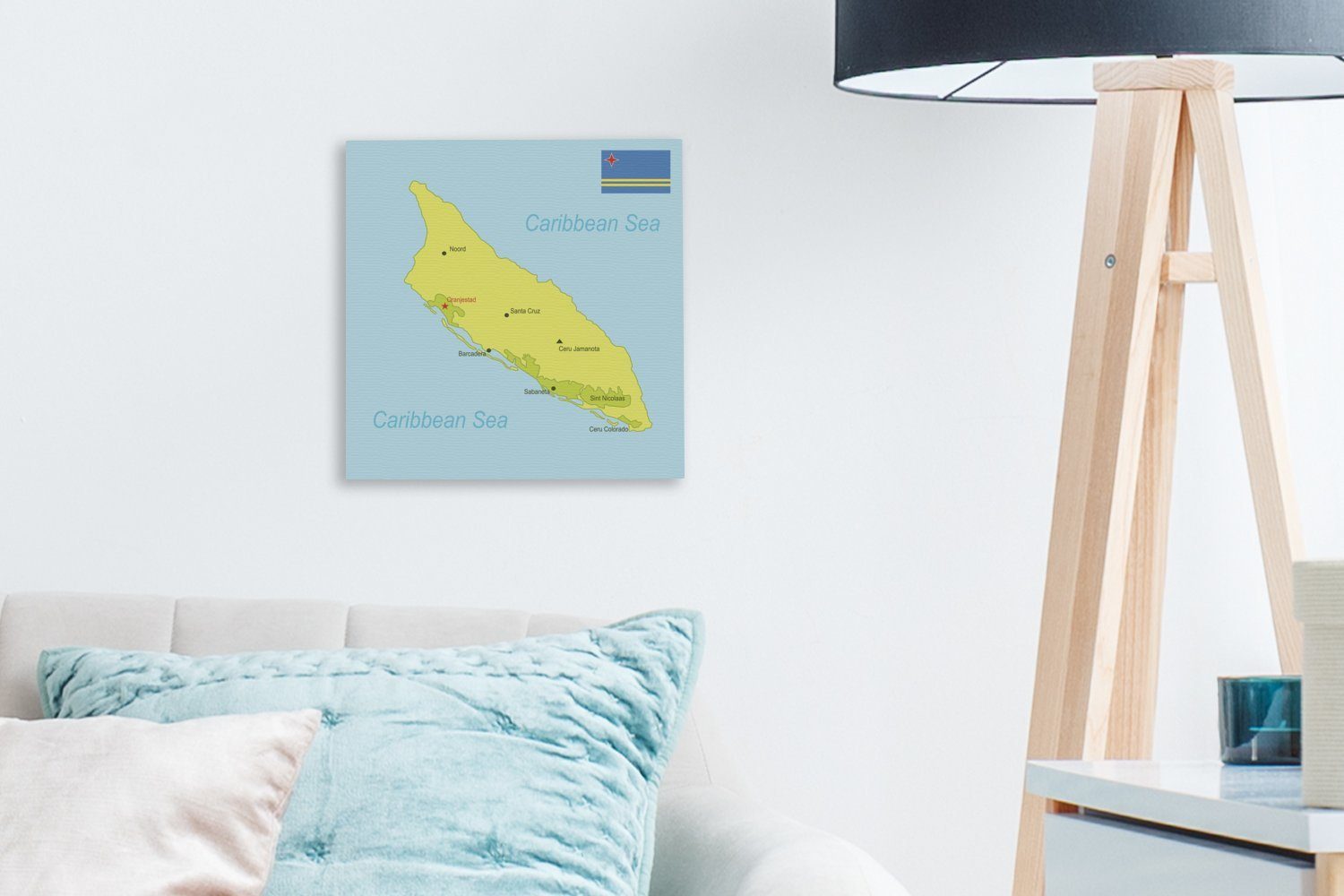 Leinwand Illustration Aruba, von Wohnzimmer (1 St), Leinwandbild einer für Bilder Karte Eine grünen OneMillionCanvasses® Schlafzimmer