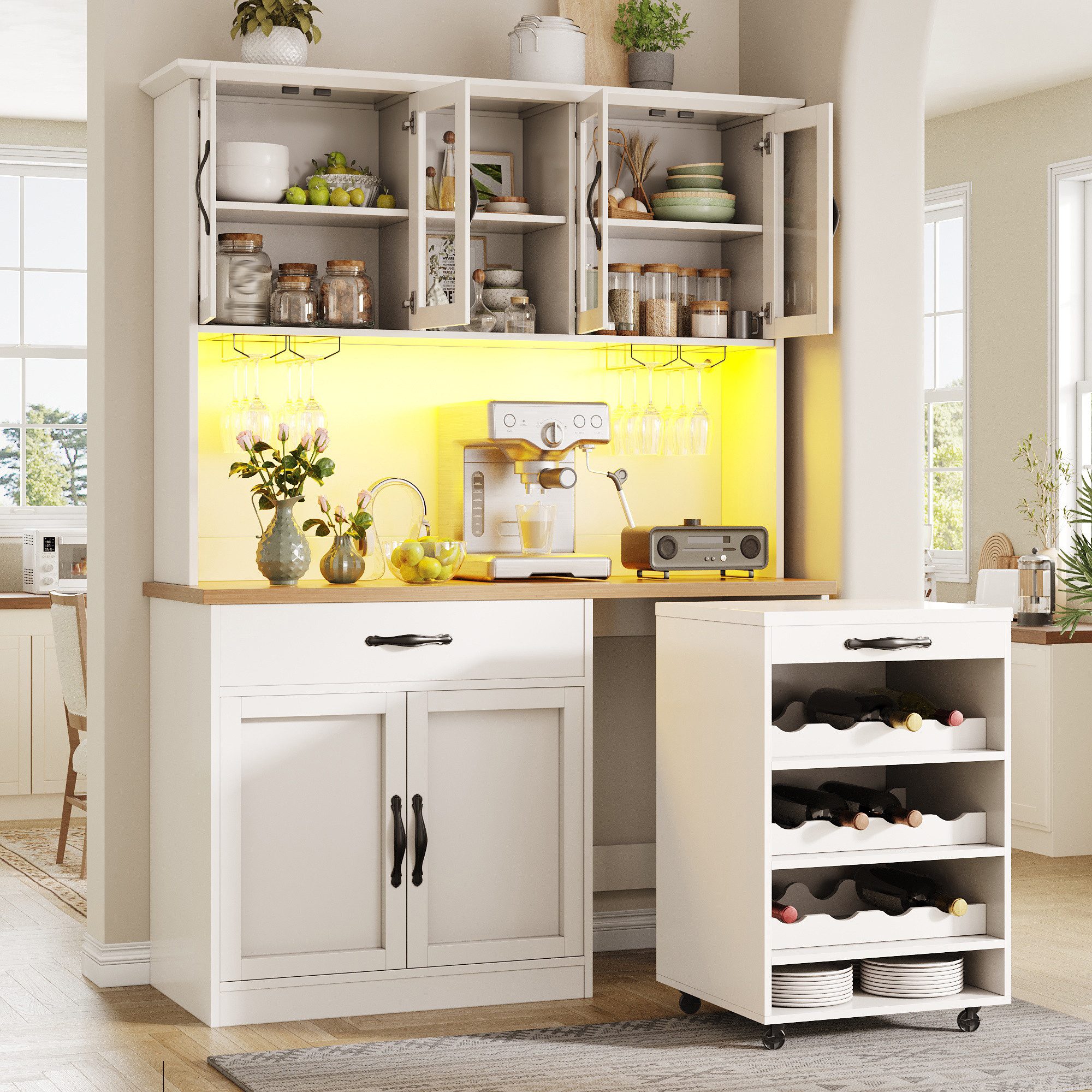 Flieks Küchenbuffet mit Rollwagen, LED-Beleuchtung und Arbeitsplatte in Holzoptik (1-St., B140/T38/H180 cm) Hochschrank Küchenschrank mit Glastüren, Schubladen und Weinregal