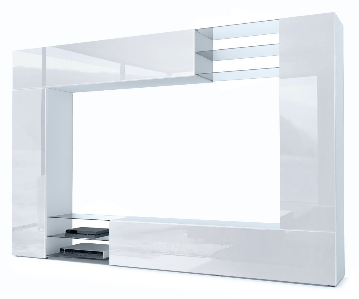 Vladon Wohnwand Mirage, (Anbauwand mit Rückwand mit 2 Türen, 4-St., 2 Klappen und 6 offenen Glasablagen), Weiß matt/Weiß Hochglanz (262 x 183 x 39 cm) Front in Weiß Hochglanz