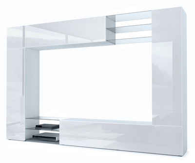 Vladon Wohnwand Mirage, (Anbauwand mit Rückwand mit 2 Türen, 4-St., 2 Klappen und 6 offenen Glasablagen), Weiß matt/Weiß Hochglanz (262 x 183 x 39 cm)