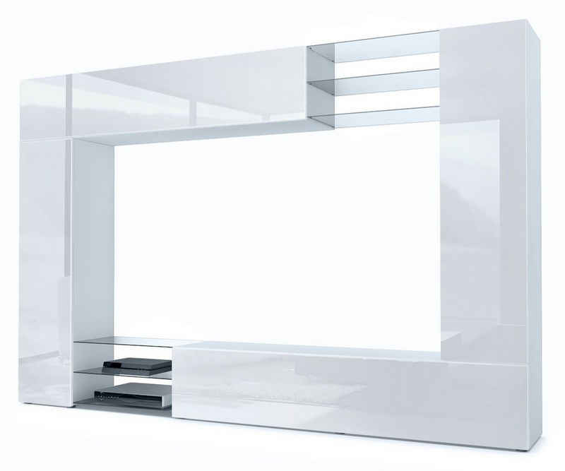 Vladon Wohnwand Mirage, (Anbauwand mit Rückwand mit 2 Türen, 4-St., 2 Klappen und 6 offenen Glasablagen), Weiß matt/Weiß Hochglanz (262 x 183 x 39 cm)