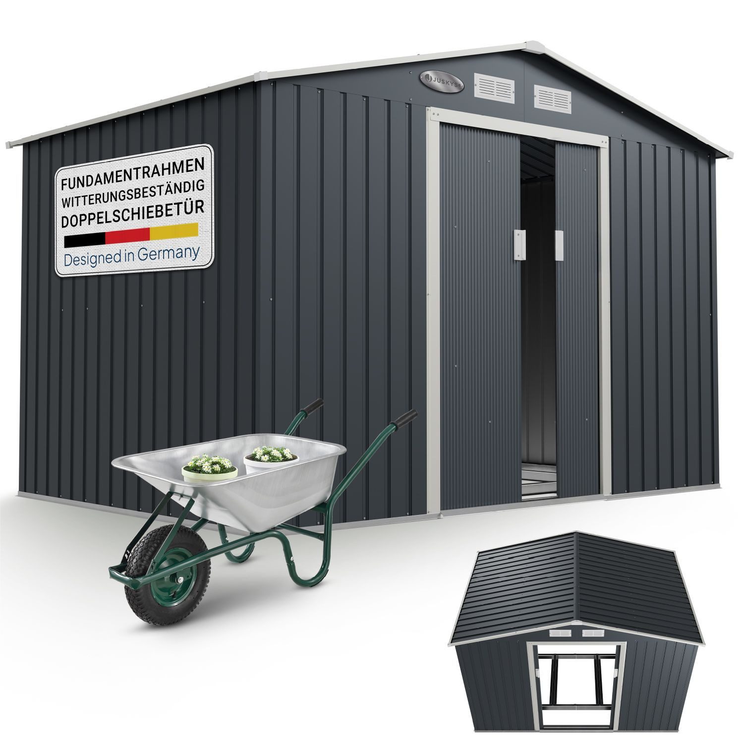 Juskys Gartenhaus XL, BxT: 277x181 cm, mit Satteldach, Schiebetür, Fundamentrahmen, 9 m³