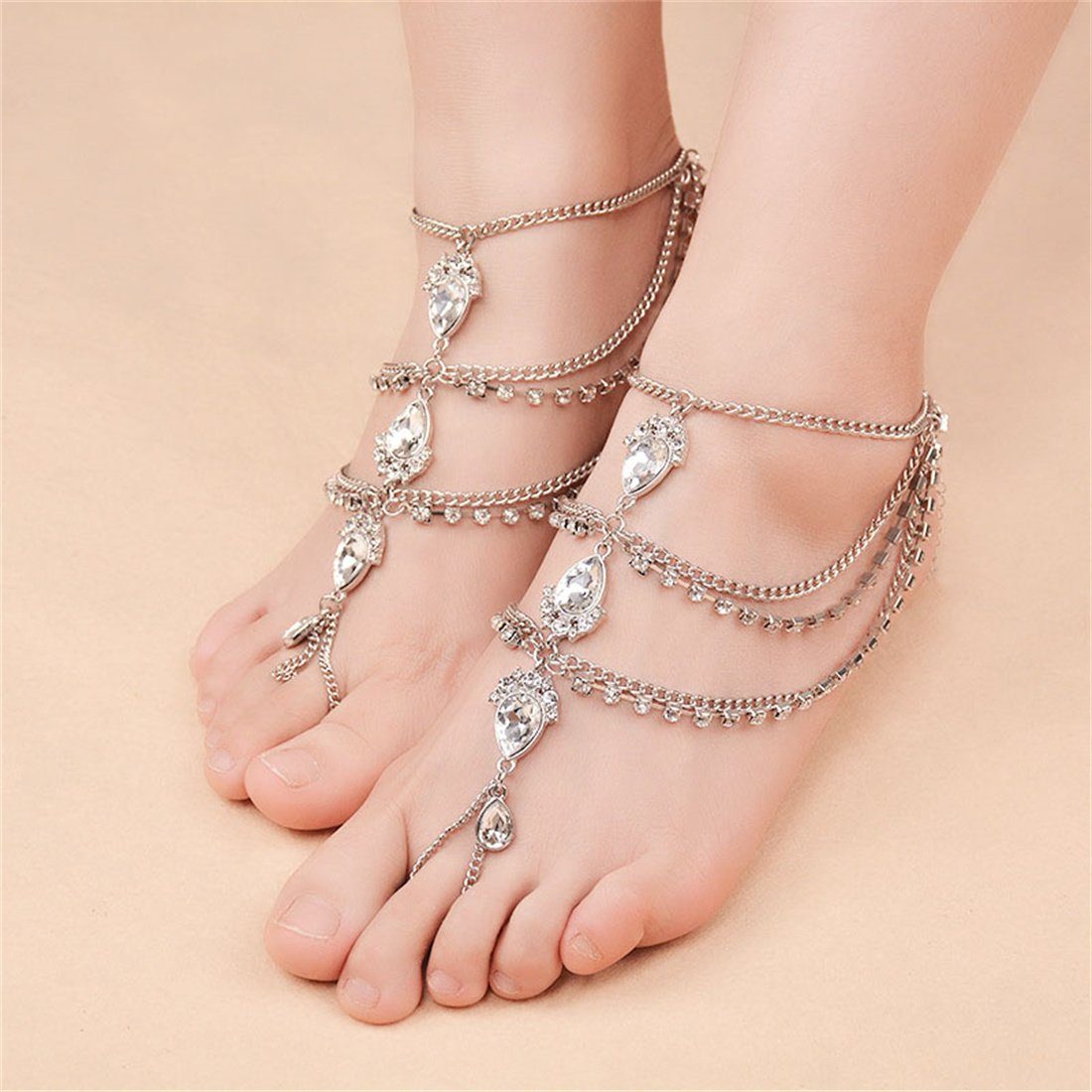 DÖRÖY Fußkette Damen Bohème Metall mit Vintage Diamanten und Silber Fußkettchen Tropfen