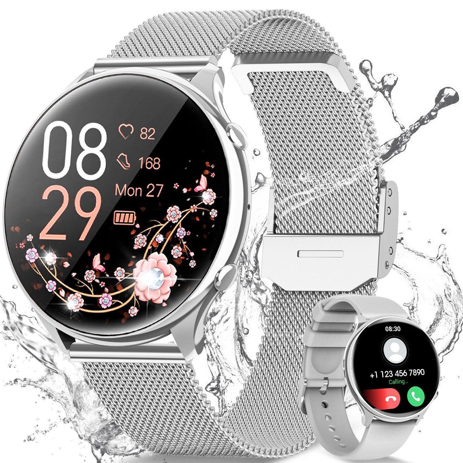 BANLVS 2025 Neueste Smartwatch Damen mit Bluetooth-Anruf und 100+ Sportmodi Smartwatch (3.53 cm/1,39 Zoll, HD Touchscreen) Armbanduhr mit 120+ Sportmodi, 200+ verschiedene Zifferblätter Herzfrequenz SpO2 Schlafmonitor, Fitnesstracker mit IP68/Herzfrequenz/SpO2/BlutdruckEchtzeitüberwachung