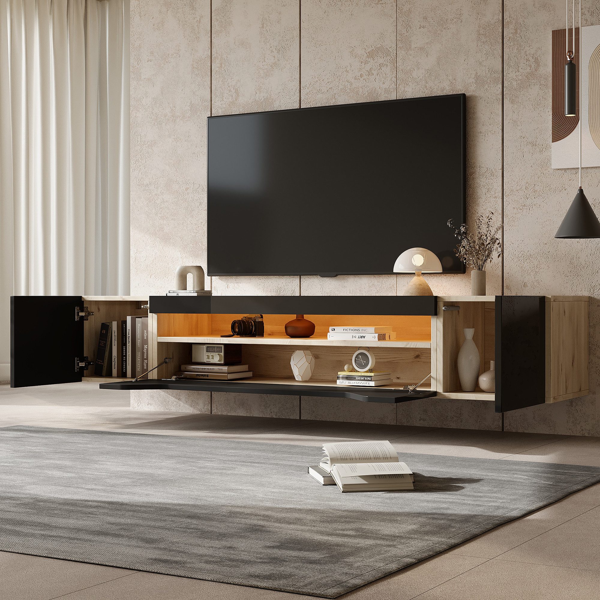 Merax TV-Schrank mit Hochglanzfront in Schwarz & Holzoptik (1-St., 180*37*3 günstig online kaufen