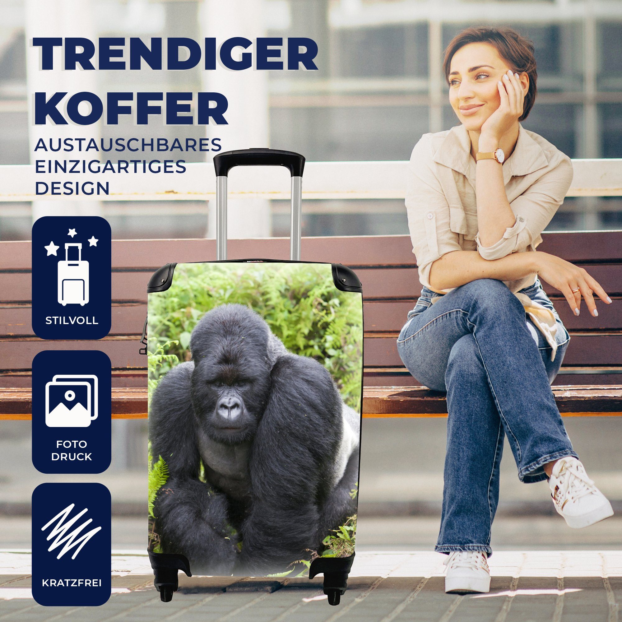 Reisekoffer Ein spaziert durch rollen, Trolley, die Handgepäckkoffer grünen Gorilla Rollen, Ferien, 4 MuchoWow Reisetasche Handgepäck mit für Blätter,