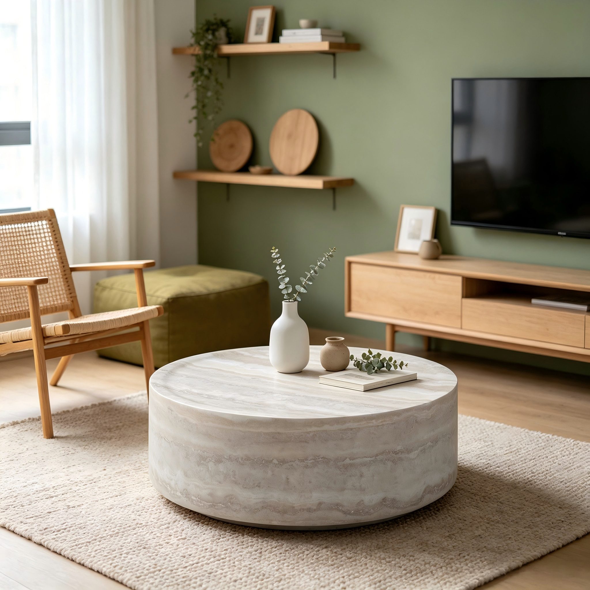 WILLIAMSPACE Couchtisch Niedriger Couchtisch zylindrisch Stein‑Optik, Glasfaser‑Korpus, Feste Arbeitsplatte