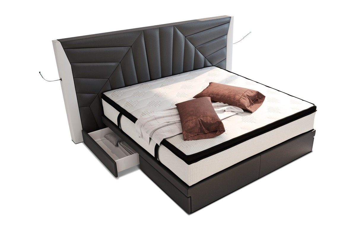 Sofa Dreams Boxspringbett Boxspringbett Monaco Leder, mit Topper, mit Schubladen, mit LED-Beleuchtung, mit USB-Anschlüssen