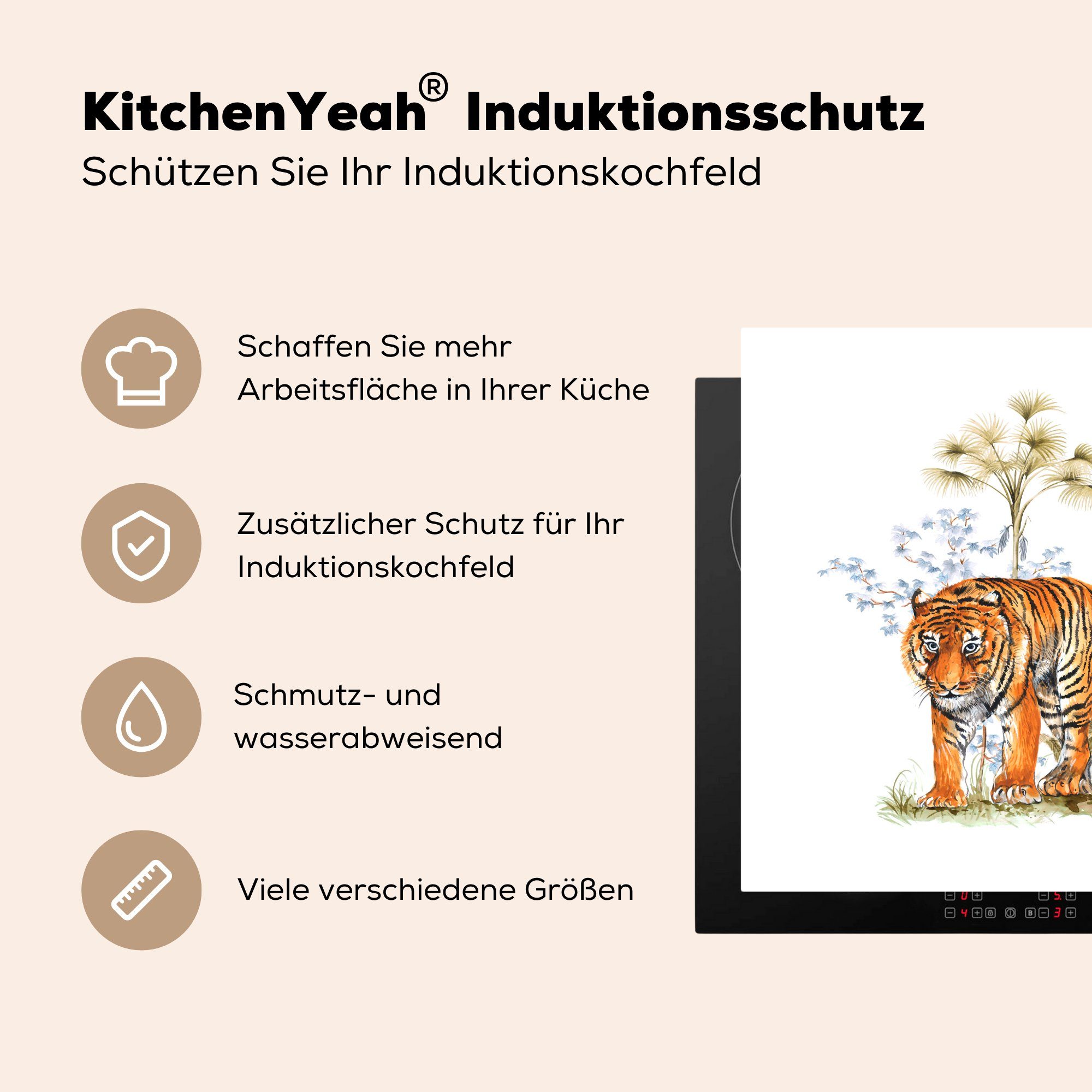 - tlg), cm, - Vinyl, Tiger Arbeitsplatte küche für MuchoWow Herdblende-/Abdeckplatte Bild, Pflanzen (1 Ceranfeldabdeckung, 78x78