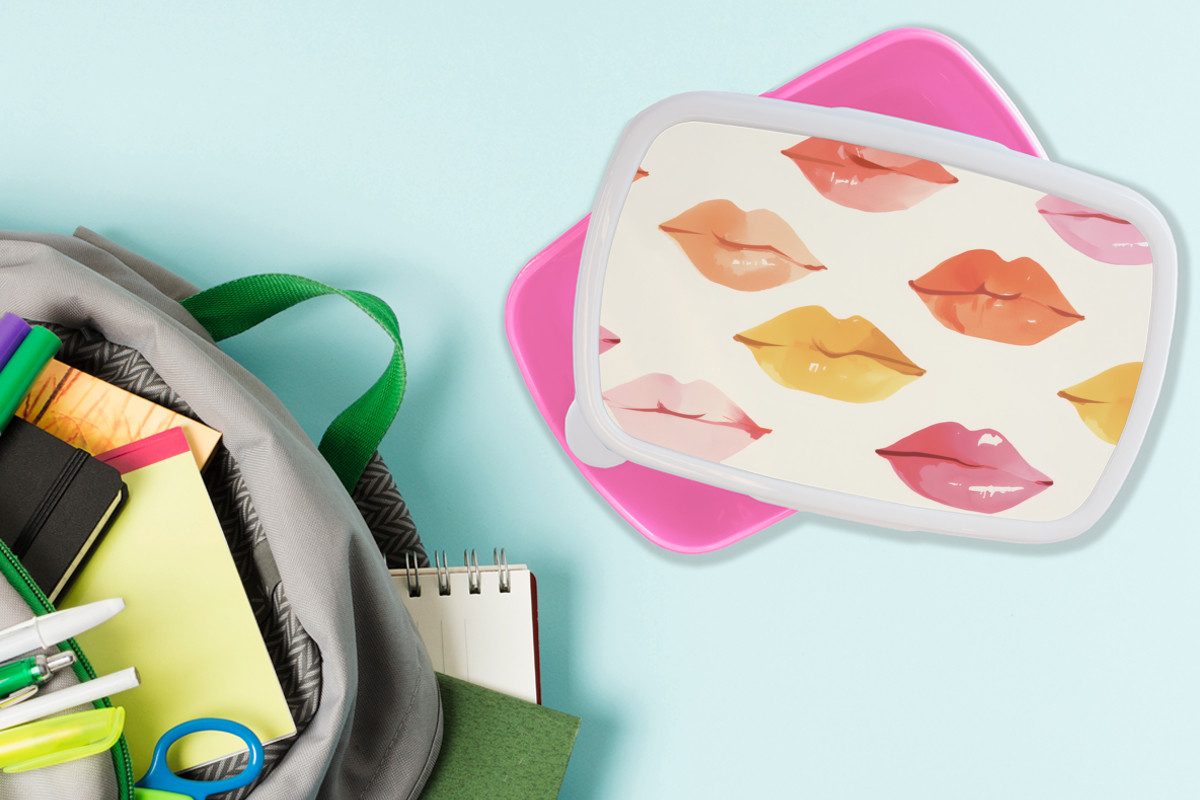 MuchoWow Lunchbox Lippen - Bunt - Glänzend, Kunststoff, (2-tlg), Brotdosen, Lunch Box, Brotbox für Kinder und Erwachsene
