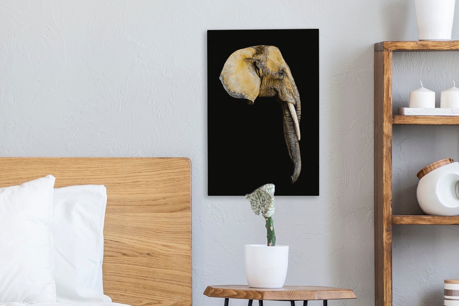 Zackenaufhänger, St), - OneMillionCanvasses® Elefant bespannt Leinwandbild (1 Gemälde, Leinwandbild Schwarz, cm 20x30 inkl. fertig - Kopf