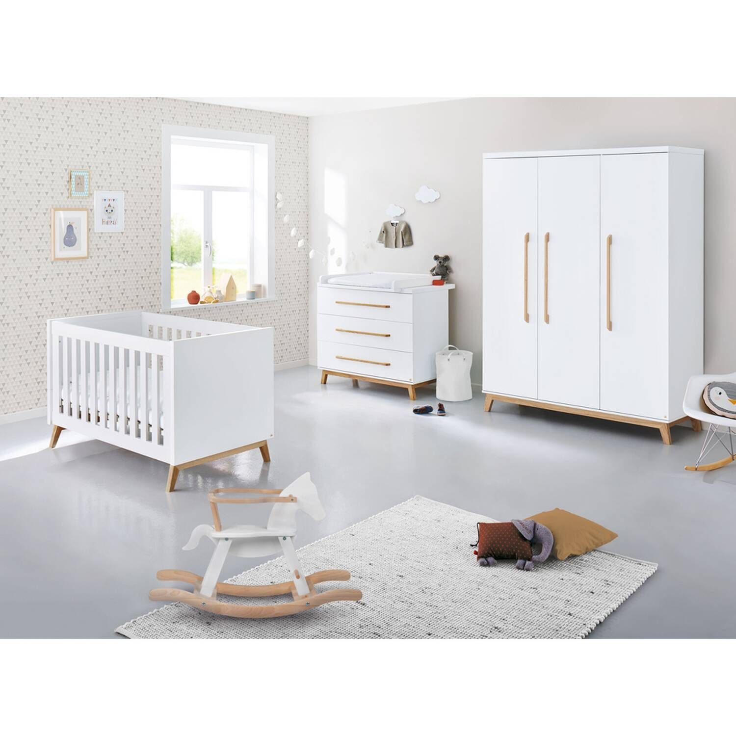 Möbel Babymöbel Lomadox Babyzimmer-Komplettset RIJEKA-134, (5-tlg), Babyzimmer Kombination in weiß edelmatt inkl. Schaukelpferd 
