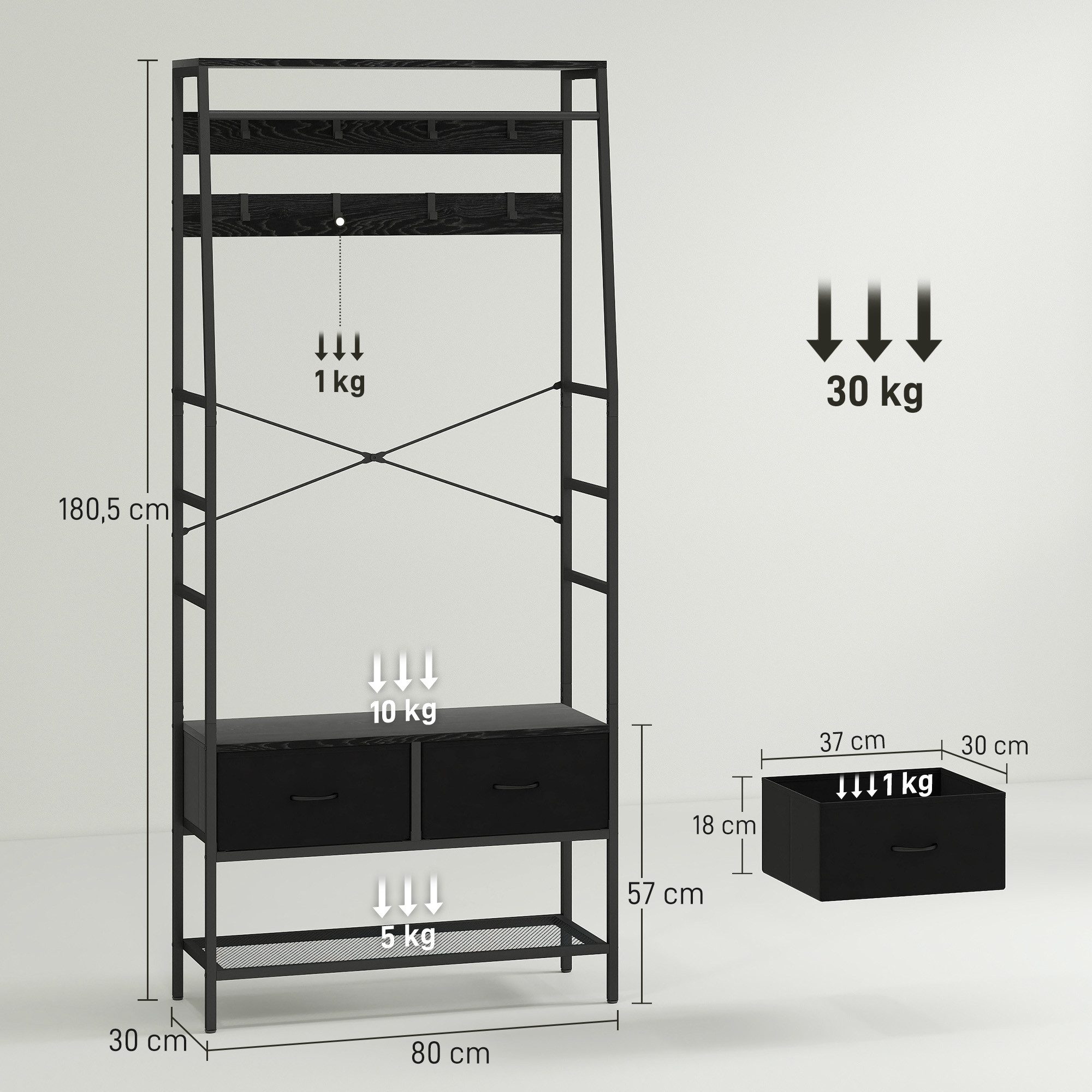 HOMCOM Garderobenständer mit Schuhregal, 2 Schubladen, 8 Haken, Ablage, (Kleiderständer, 1 St., Garderobe), für Eingangsbereich, Flur, Schlafzimmer, Schwarz