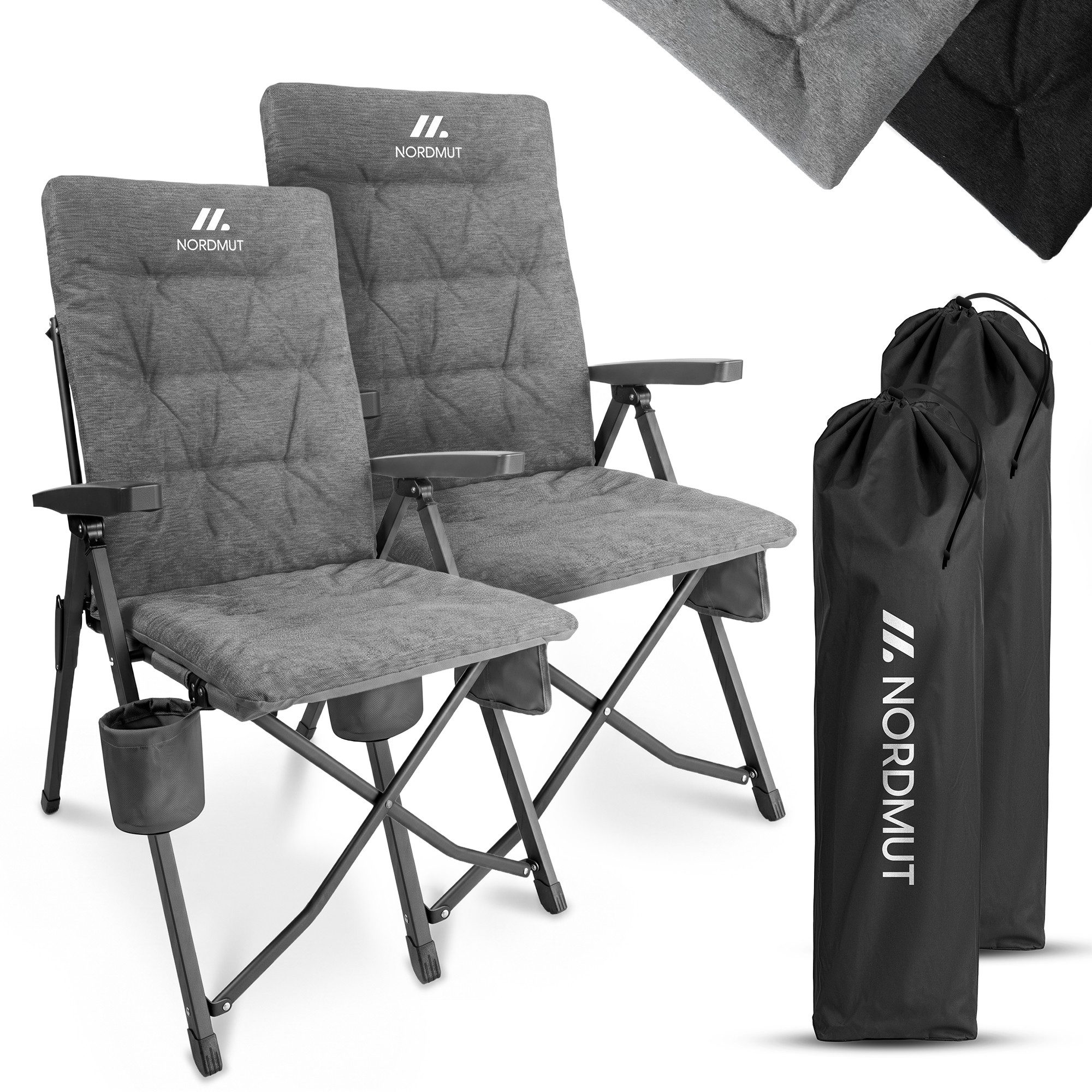 Nordmut Campingstuhl verstellbare Rückenlehne 4-fach, gepolstert, kompakt, Sitzen & Liegen (Spar-Set, 2 St), hohe Lehne, klappbar, 140kg belastbar, ergonomische Sitzform, Armlehne