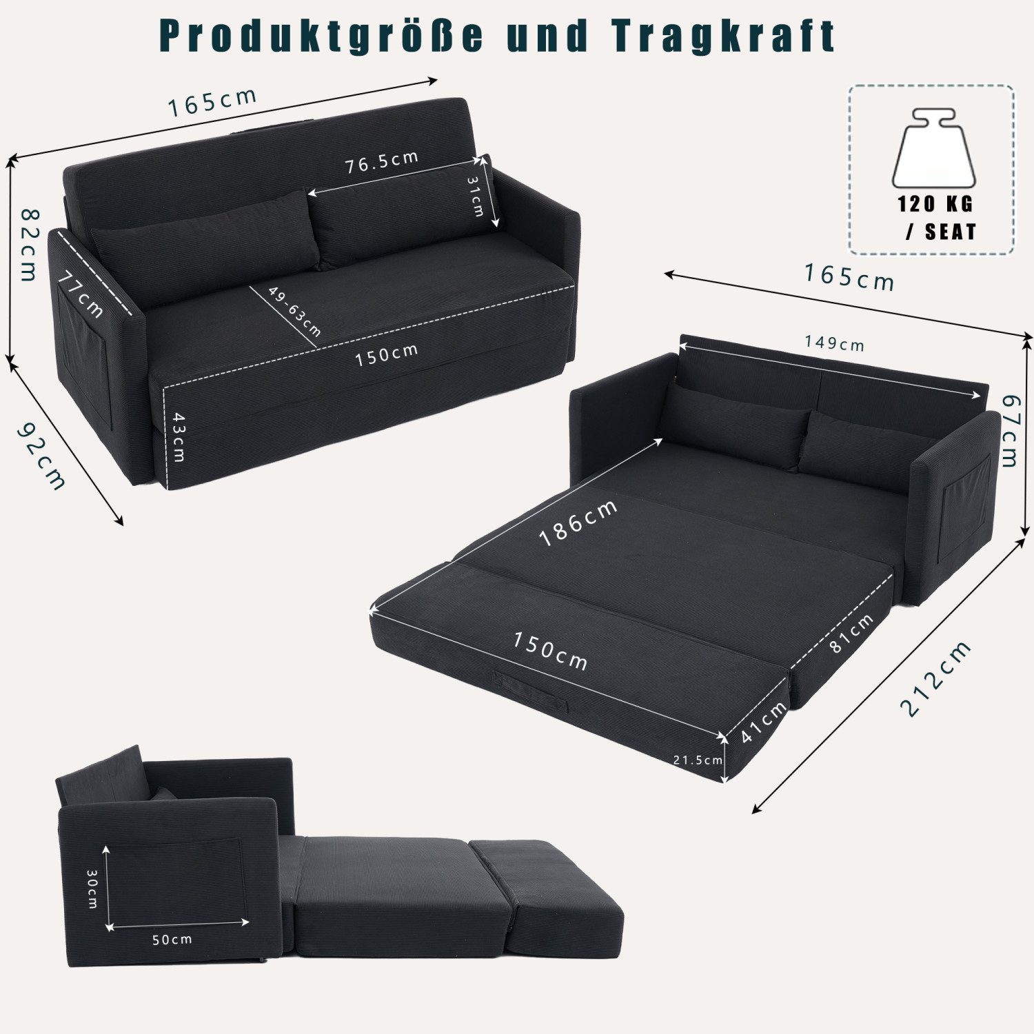 ANYSUN Loungesofa Faltbares Schlafsofa, 2-Sitzer-Couch,das 2-in-1 Klappsofa, Bodensofa-Bett,Cordstoff,mit zwei Lendenkissen, bequemes Cord Bodensofa für Wohnzimmer,Wohnung,kleine Räume
