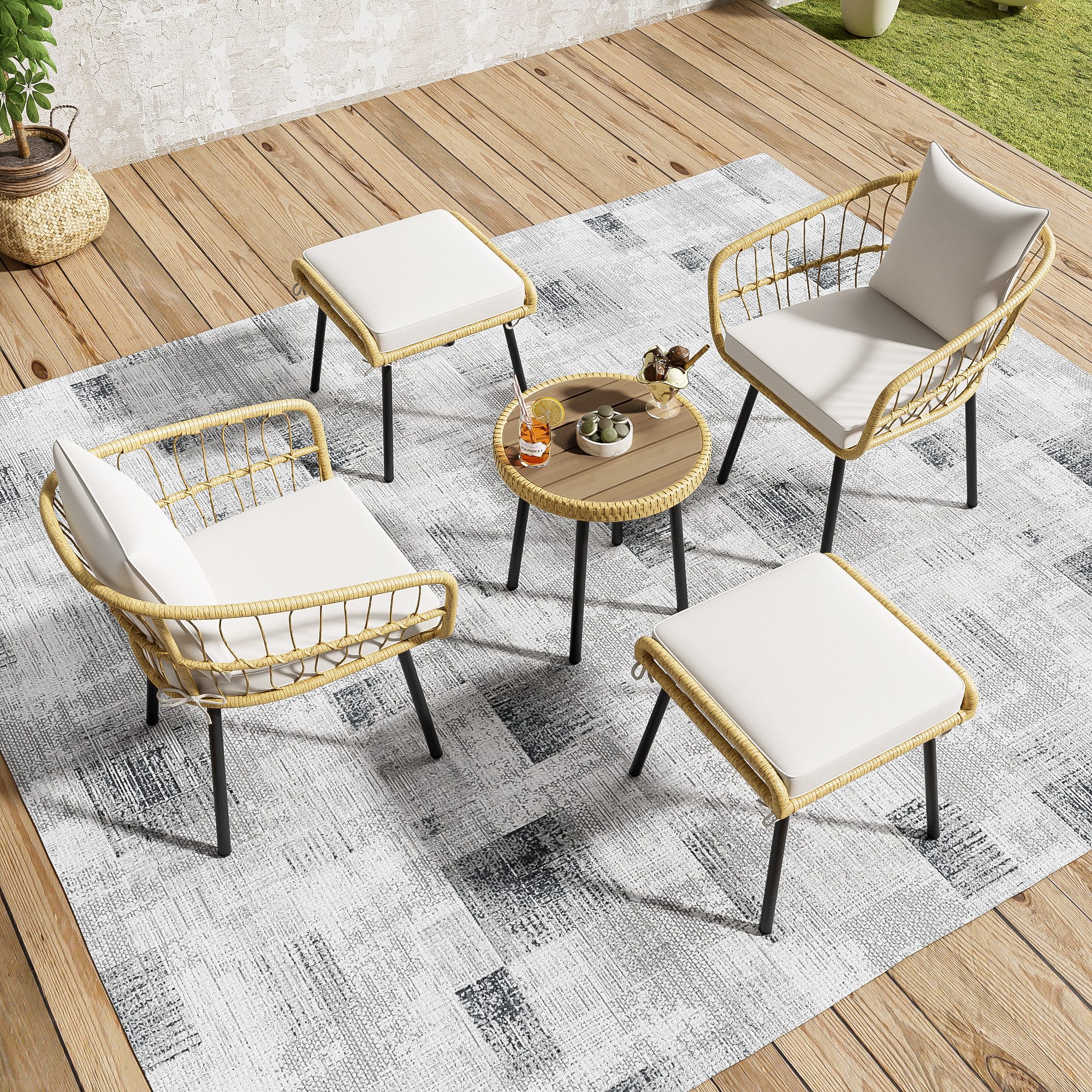 MC Star Gartenlounge-Set 5-teiliges Garten-Lounge-Set, bestehend aus 1 Esstisch, (2 Stühlen, 2 Hockern, Möbeln, Rattan, Natur)