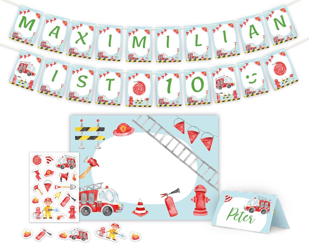 JUNAPACK Papierdekoration Party Set Deko Girlande Konfetti Tischset Kinder Geburtstag Feuerwehr, Party Set mit Girlande, Konfetti und Tischsets Feuerwehr