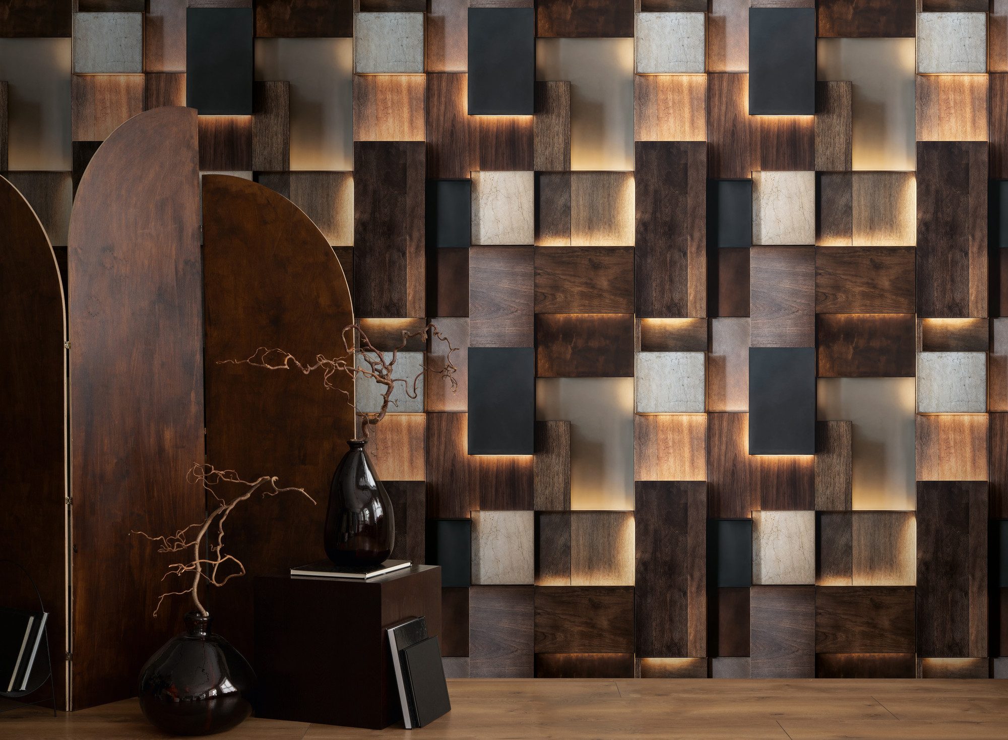 living walls Fototapete The Wall 4 Graphics – Moderne Holzwandverkleidung Vlies-Fototapete, leicht strukturiert, 3D-Optik, Holz, matt, (1 St), Moderne Holzwandverkleidung mit markanter 3D-Wirkung