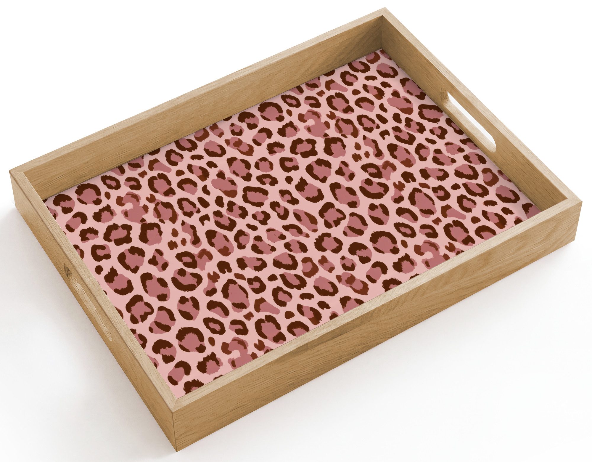 OnlyWow Tablett Rechteckig mit Henkel Leopard - Muster - Rosa, Eichenholz, (1-tlg), Siervierplatte, Tray, Frühstücksbrett