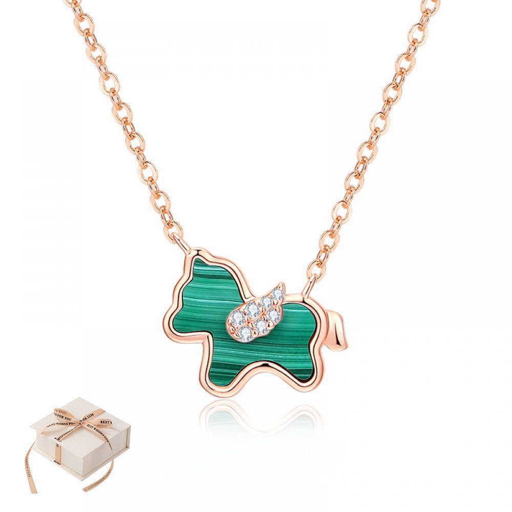 Invanter Lange Kette Halskette mit kleinem grünen Pferd aus S925-Sterlingsilber für Damen Gold