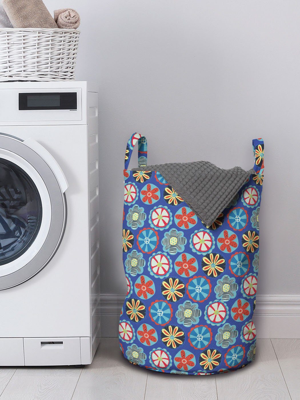 Wäschesäckchen Abakuhaus für Waschsalons, Wäschekorb Kordelzugverschluss gestreifte mit Gepunktete Griffen Blumenweinlese