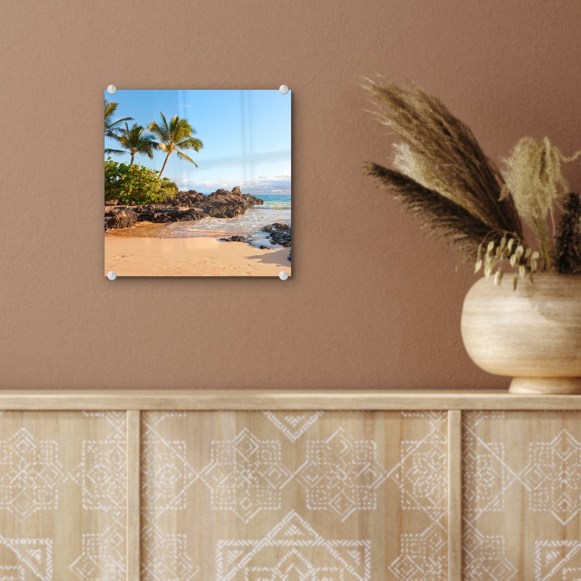 - von Wandbild Foto Acrylglasbild auf Glas Glasbilder MuchoWow (1 am - Maui, Strand St), Bilder Palmen Wanddekoration - Glas Tropische auf